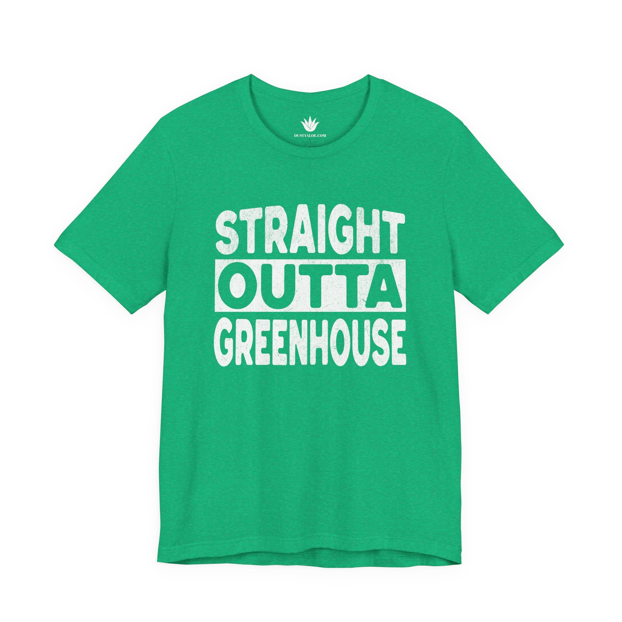 Green t-shirt with 'Straight Outta Greenhouse' text on a white background