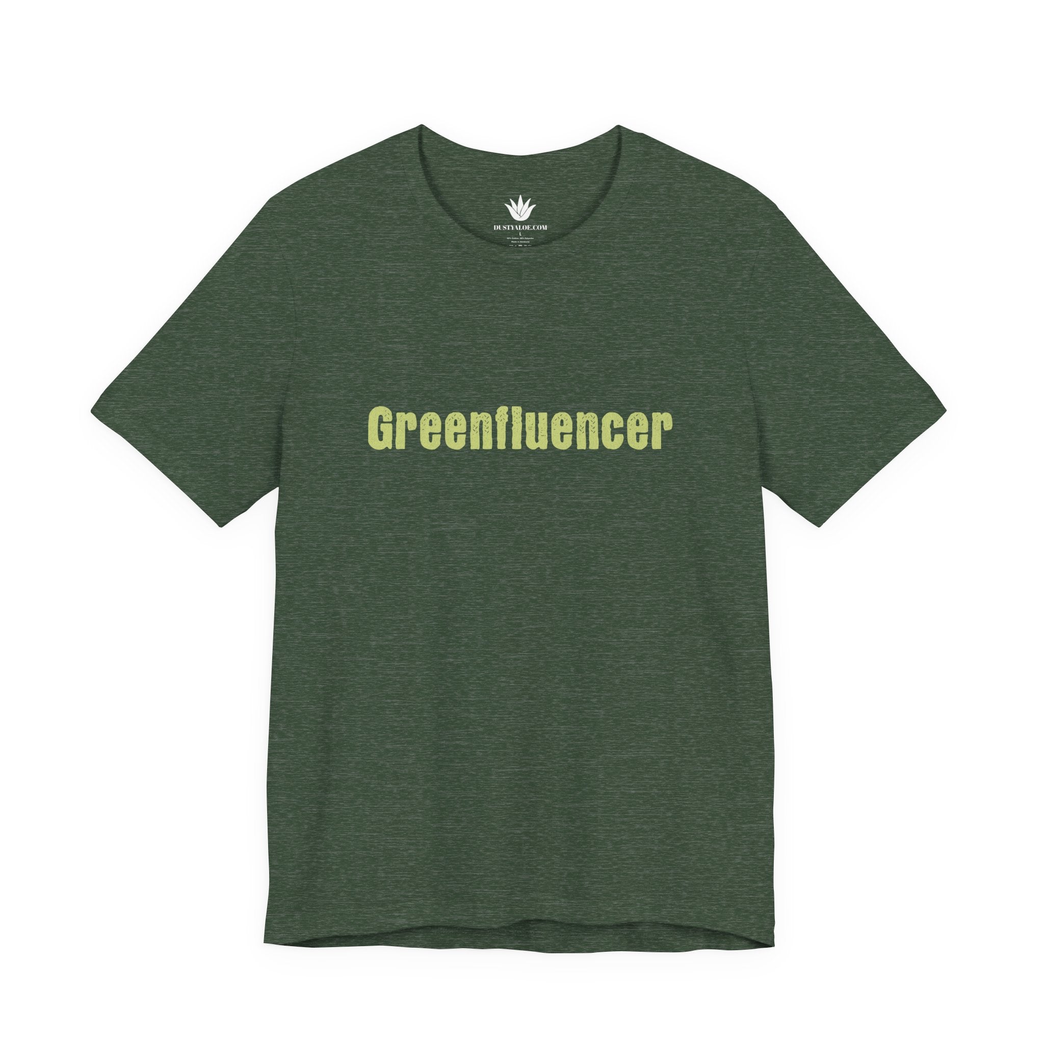 Green t-shirt with 'Greenfluencer' text on a white background