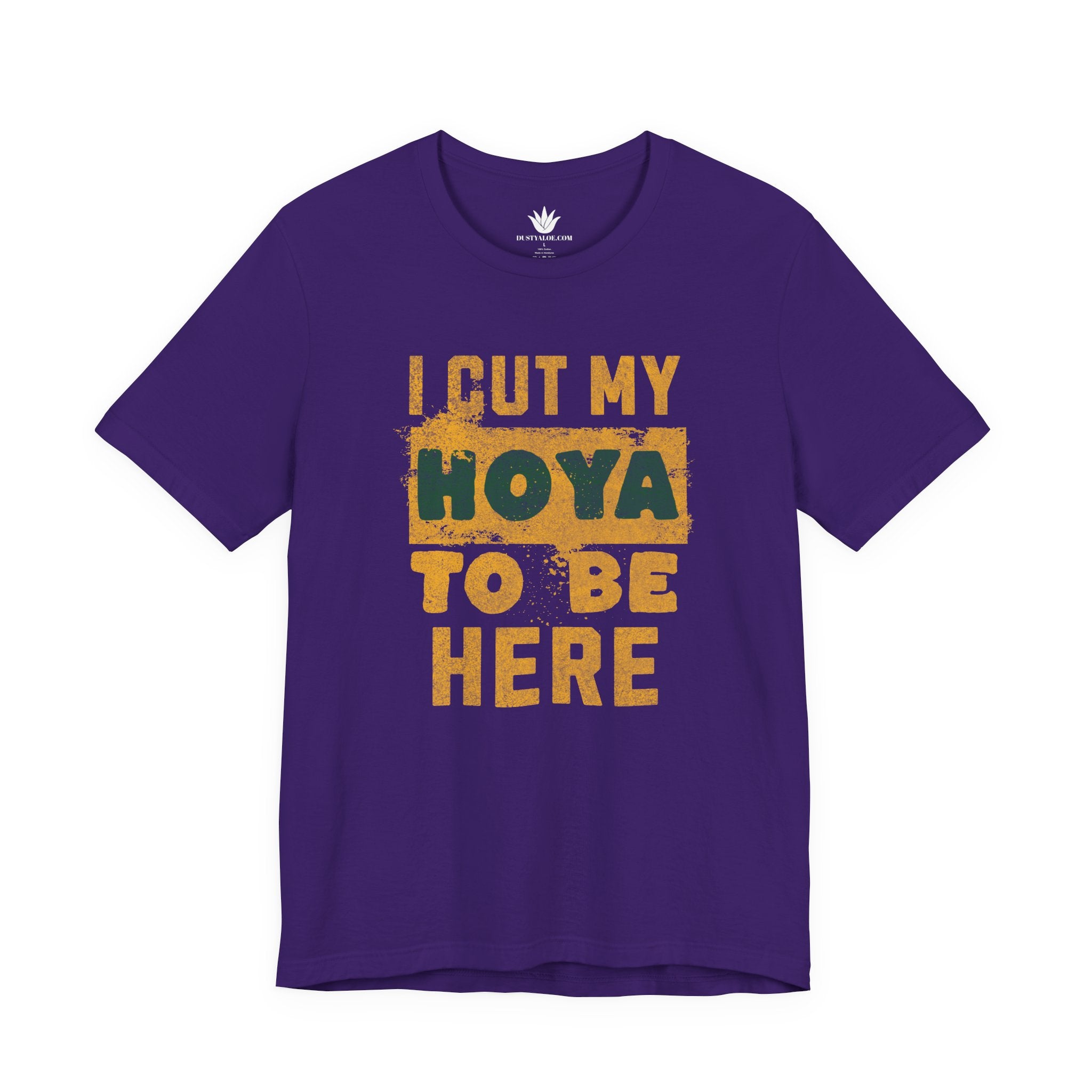 Purple t-shirt with yellow and green text on a white background