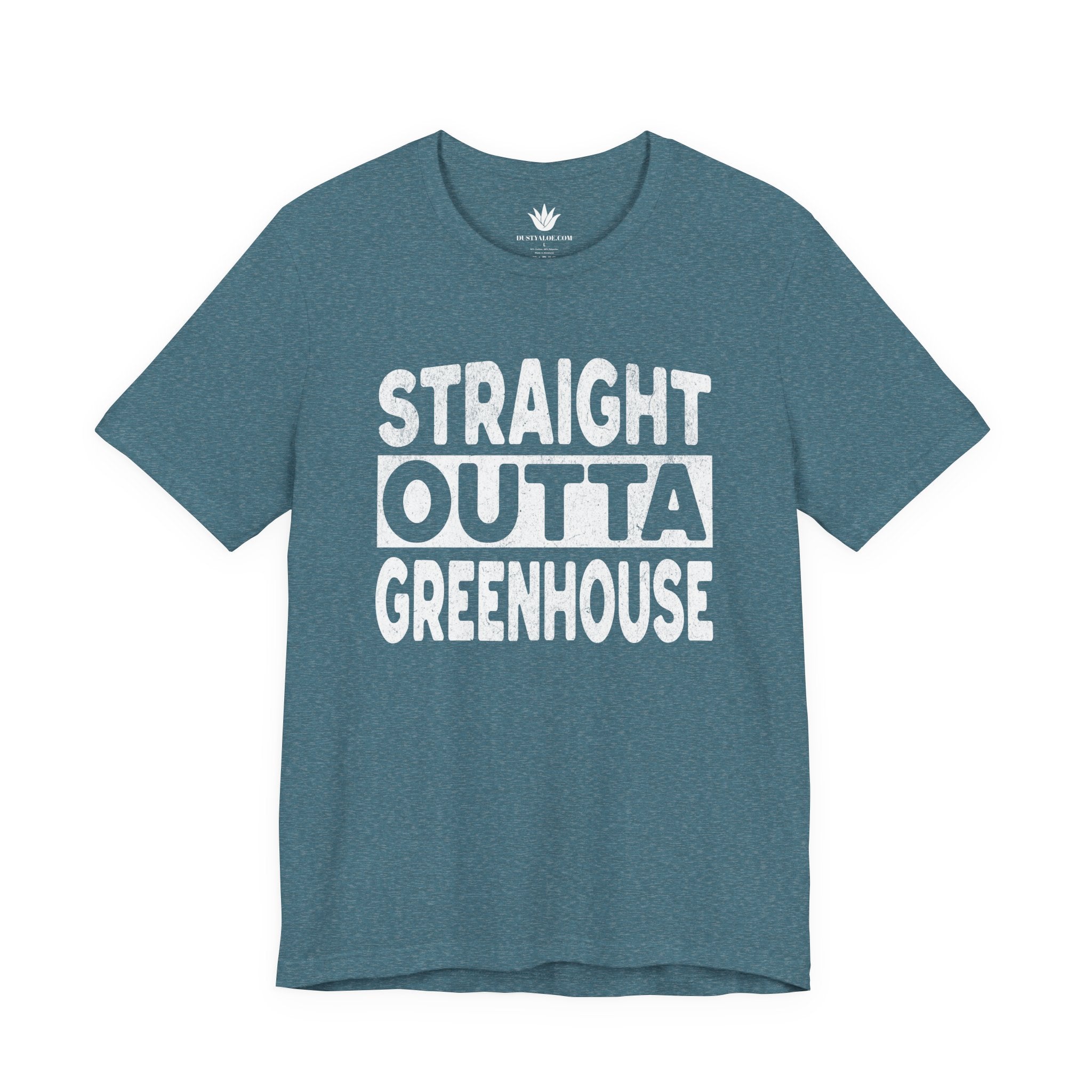 Blue t-shirt with 'Straight Outta Greenhouse' text on a white background