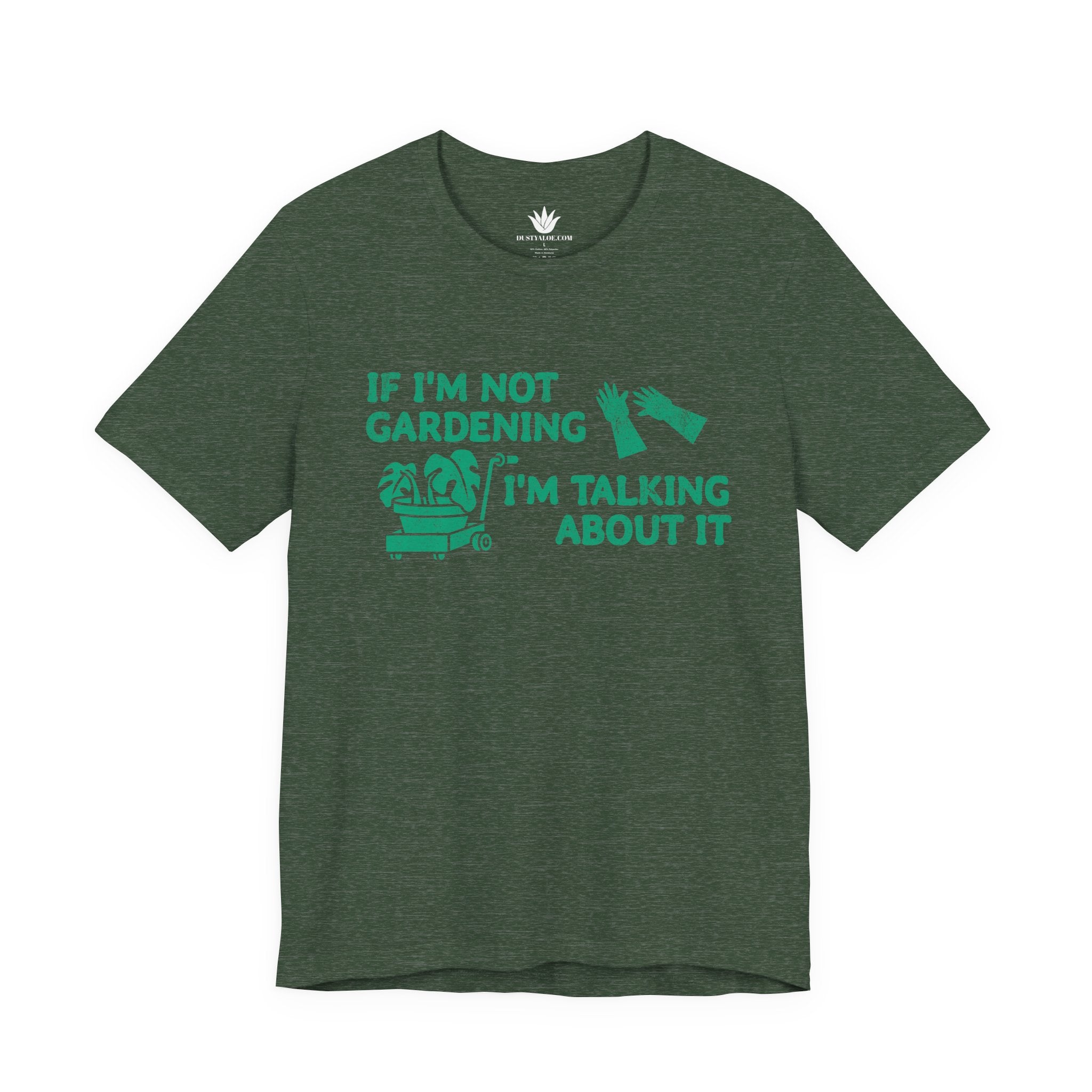 Green t-shirt with gardening-themed text and graphics on a white background