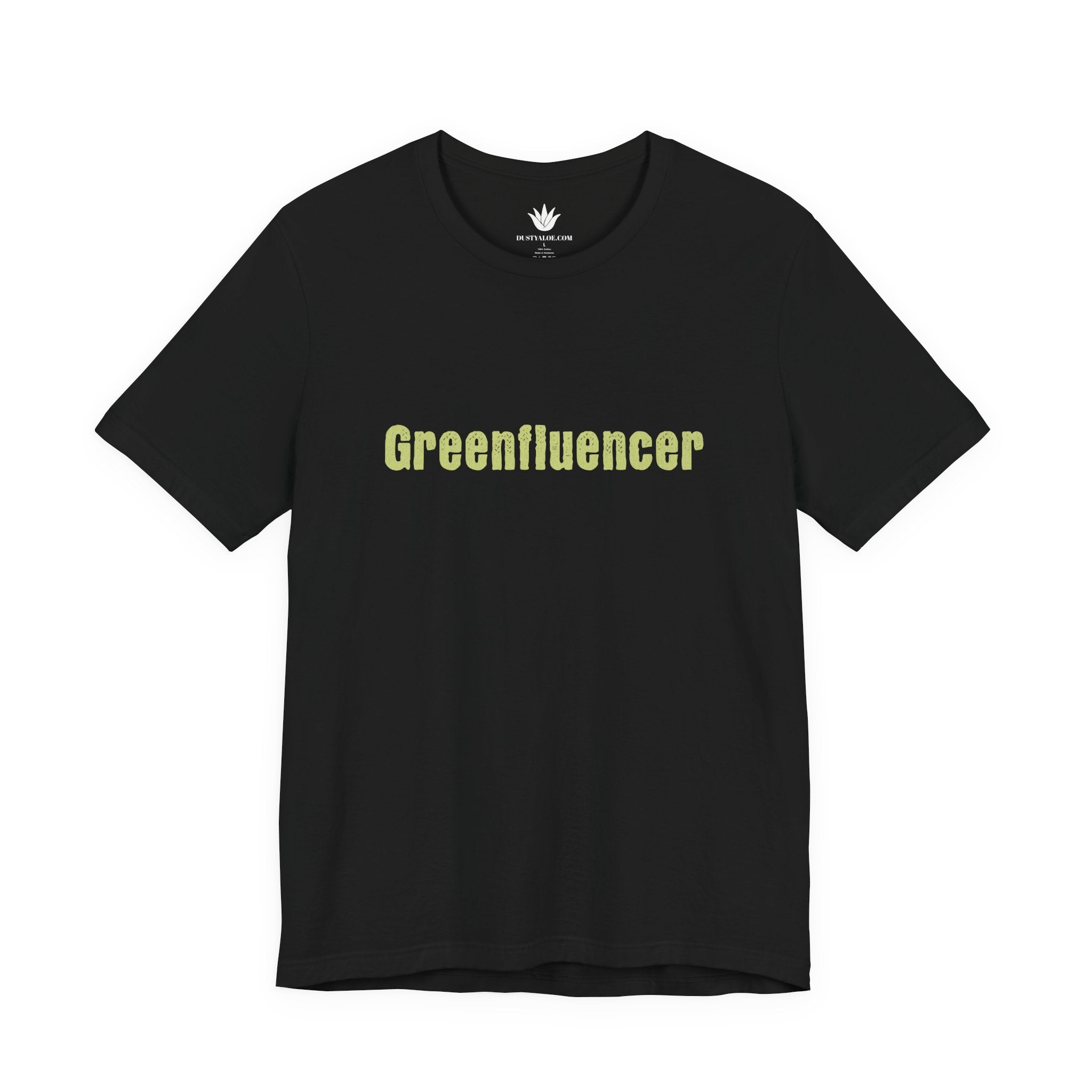 Black t-shirt with 'Greenfluencer' text on a white background