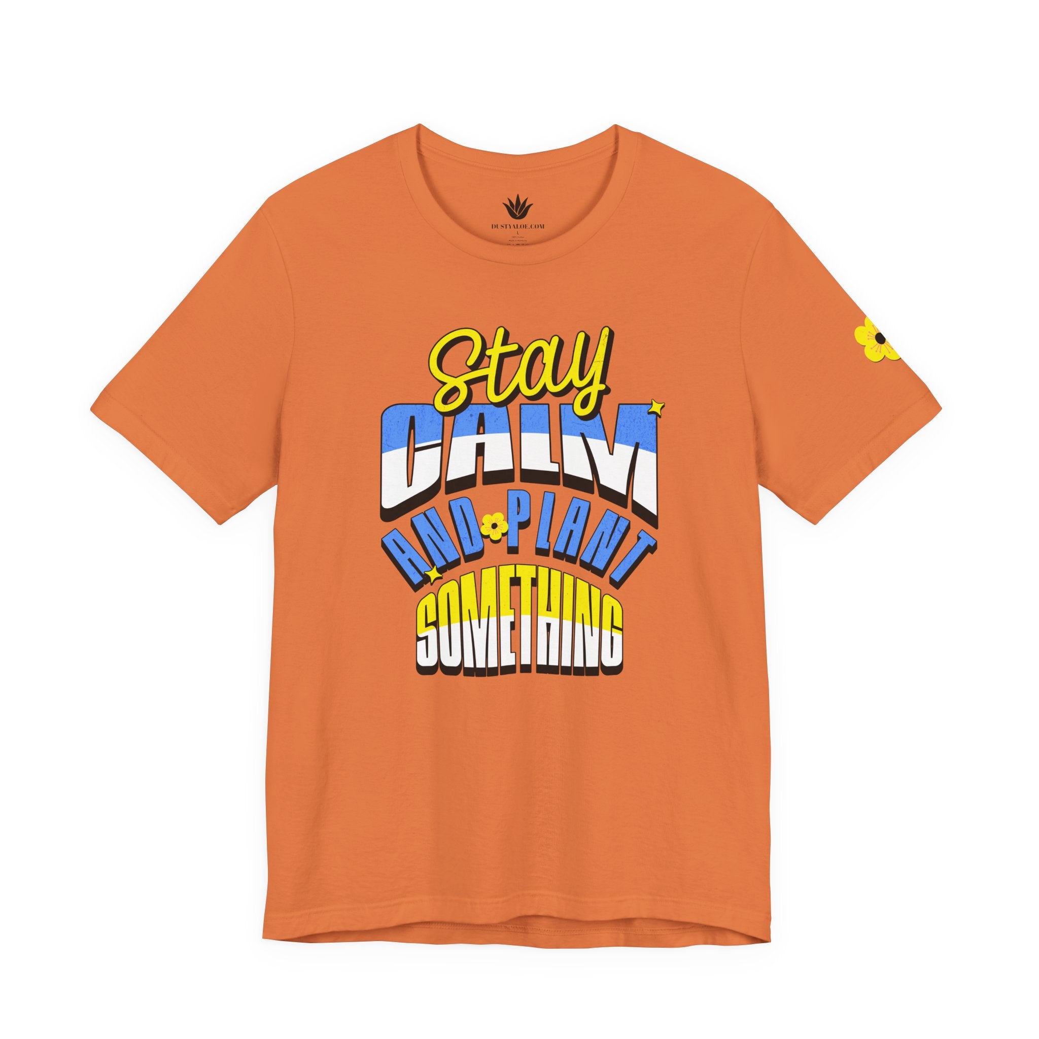 Orange t-shirt with colorful text design on a white background