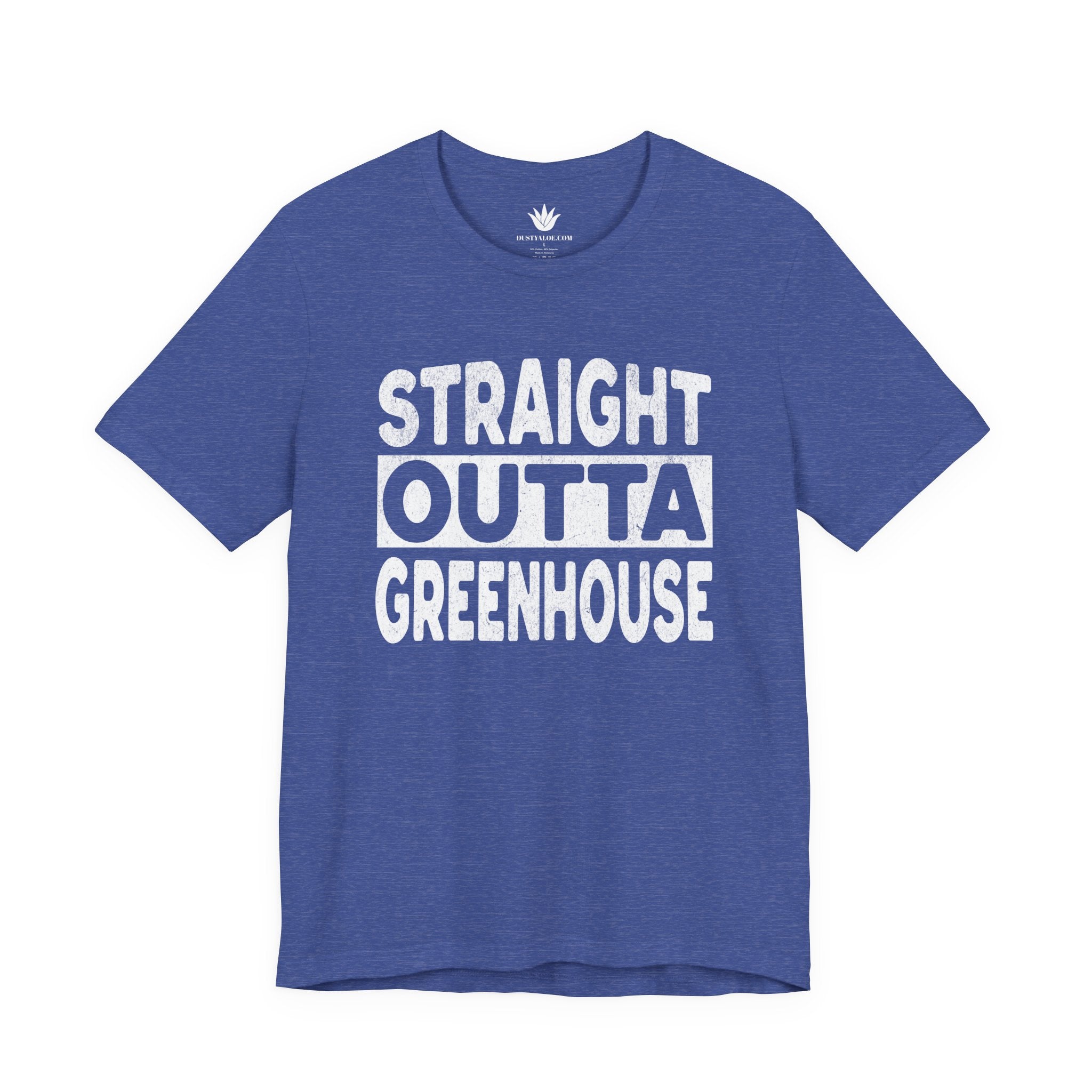 Blue t-shirt with 'Straight Outta Greenhouse' text on a white background