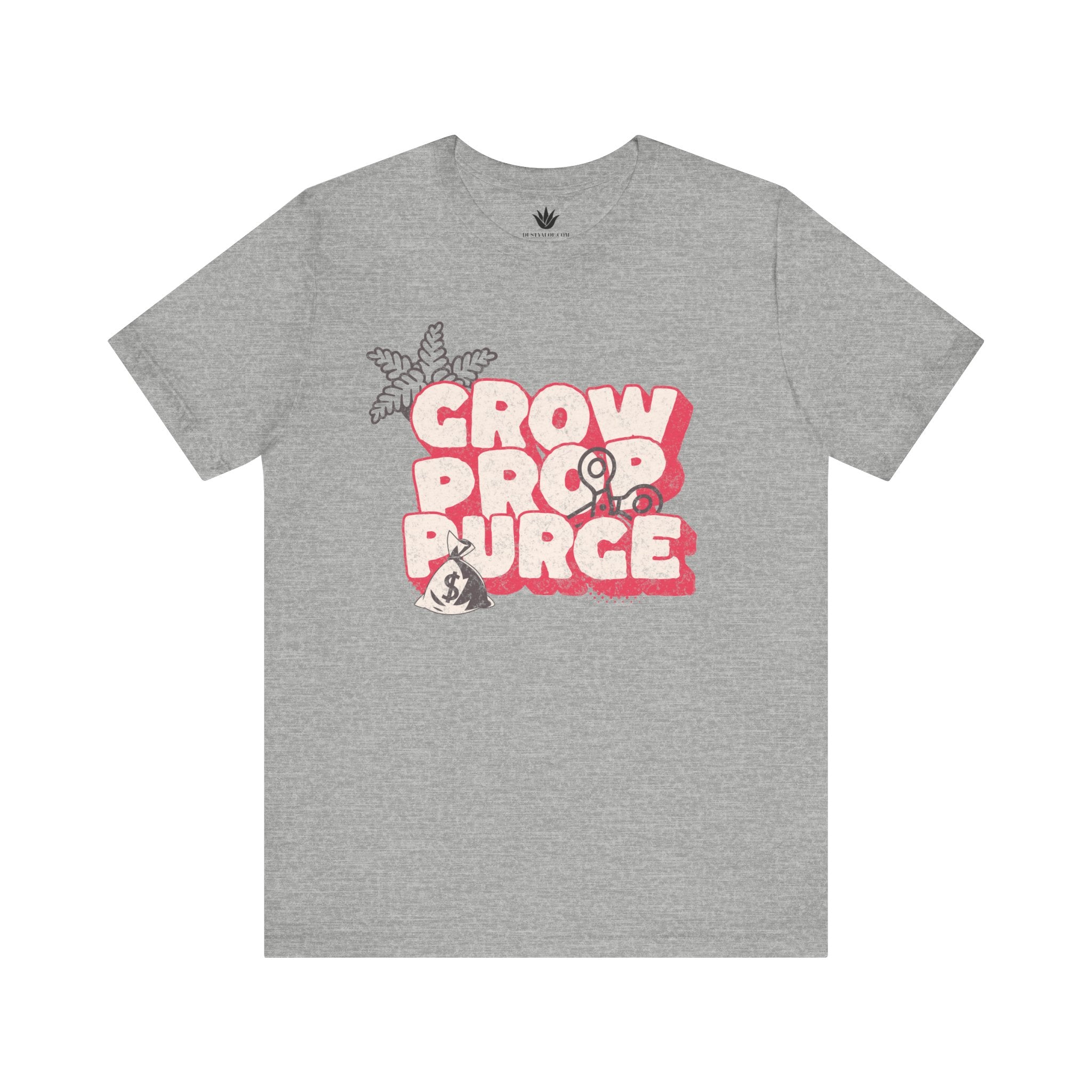Gray t-shirt with red and white text design on a white background