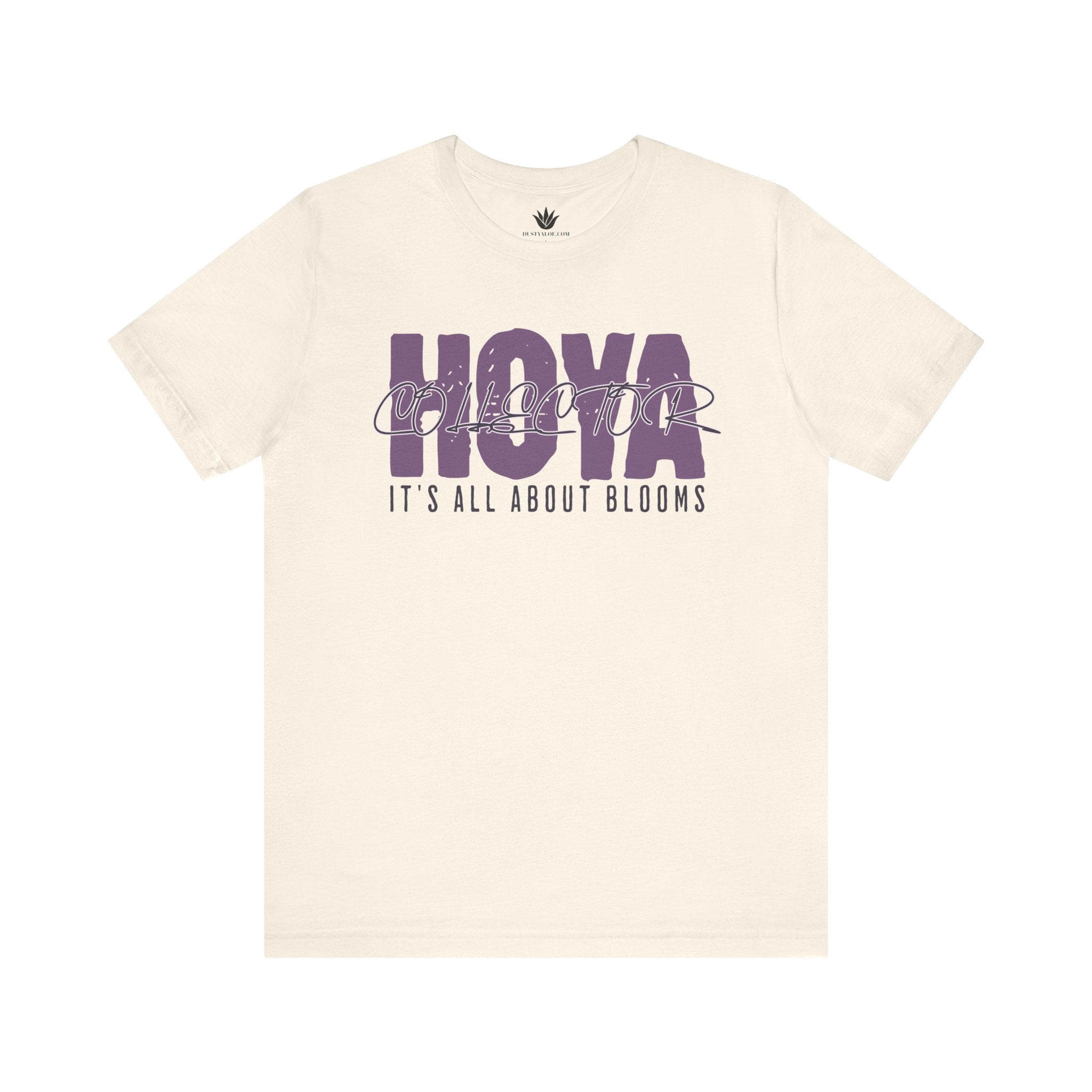 Beige t-shirt with purple text on a white background
