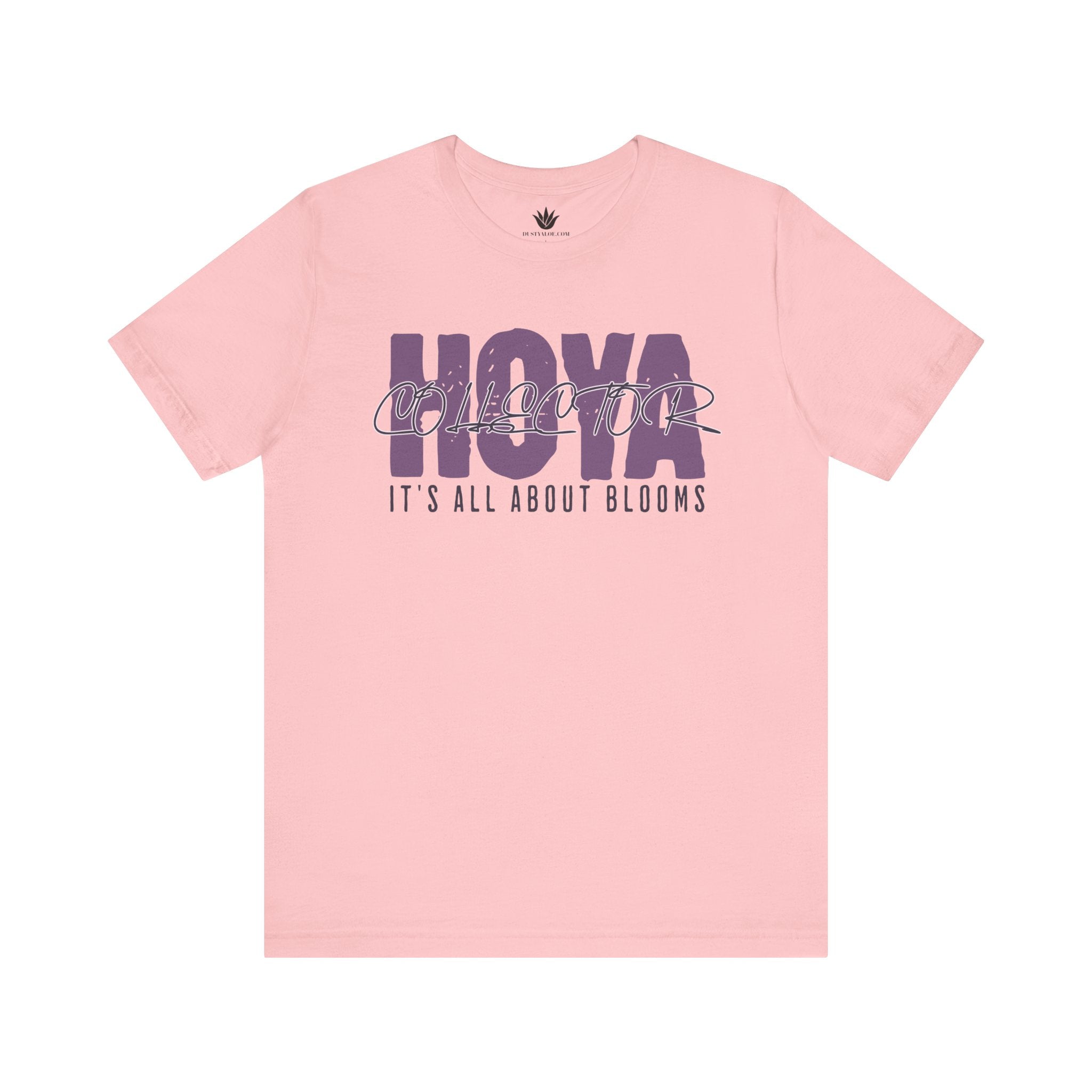 Pink t-shirt with 'HOYA' and 'It's All About Blooms' text on a white background