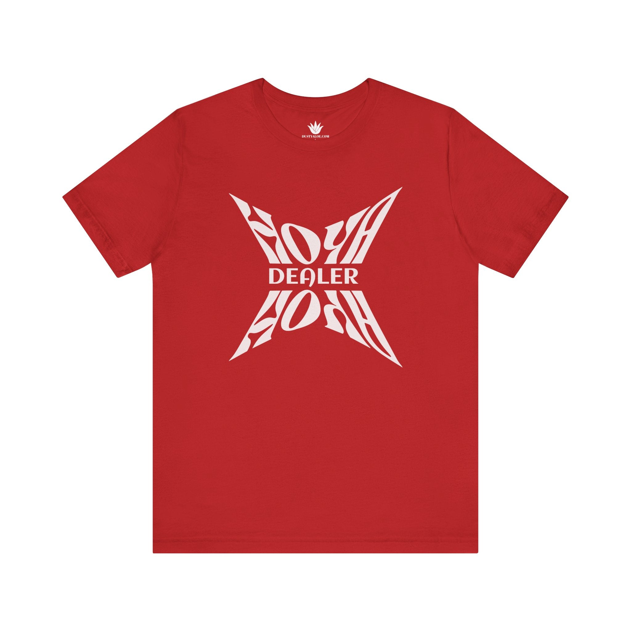 Red t-shirt with white graphic design and text on a white background