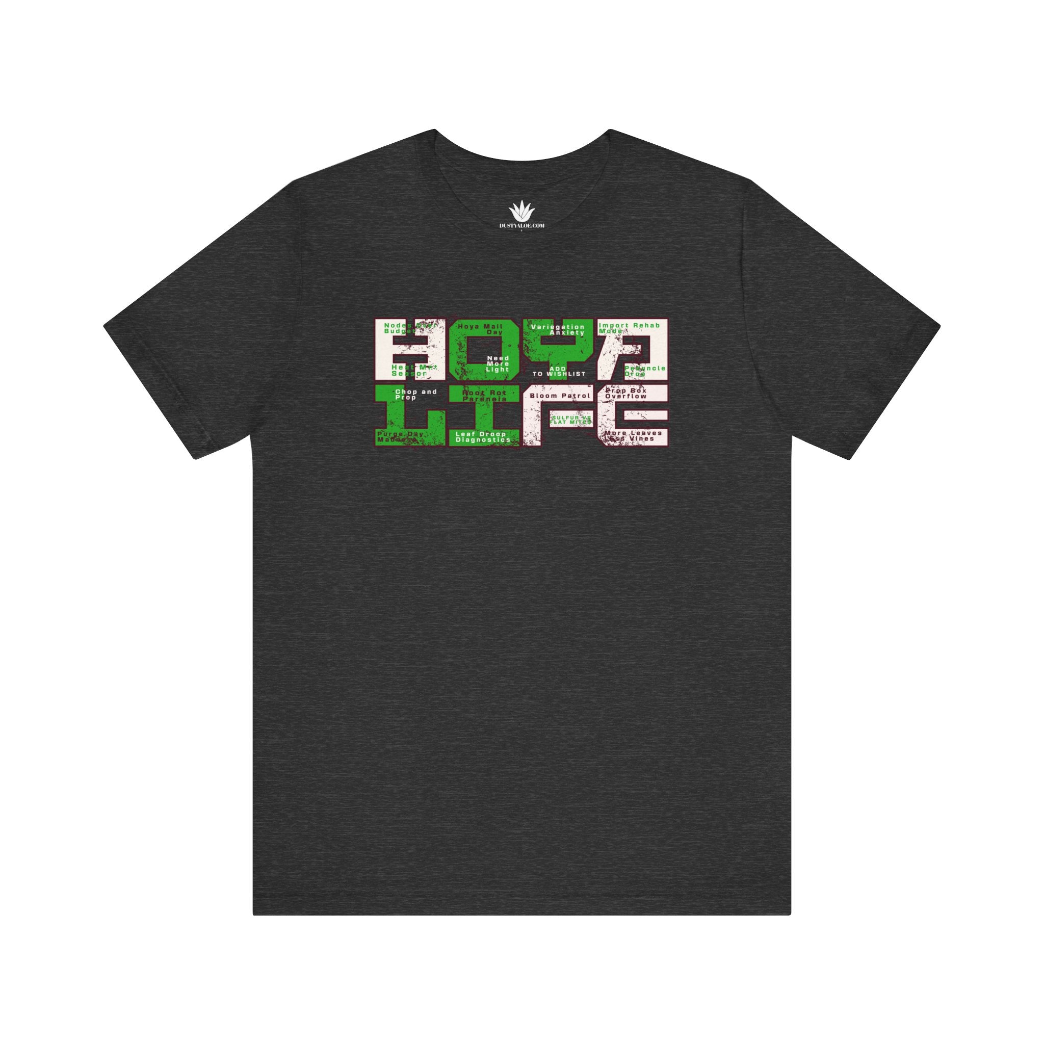 Dark gray t-shirt with colorful text design on a white background
