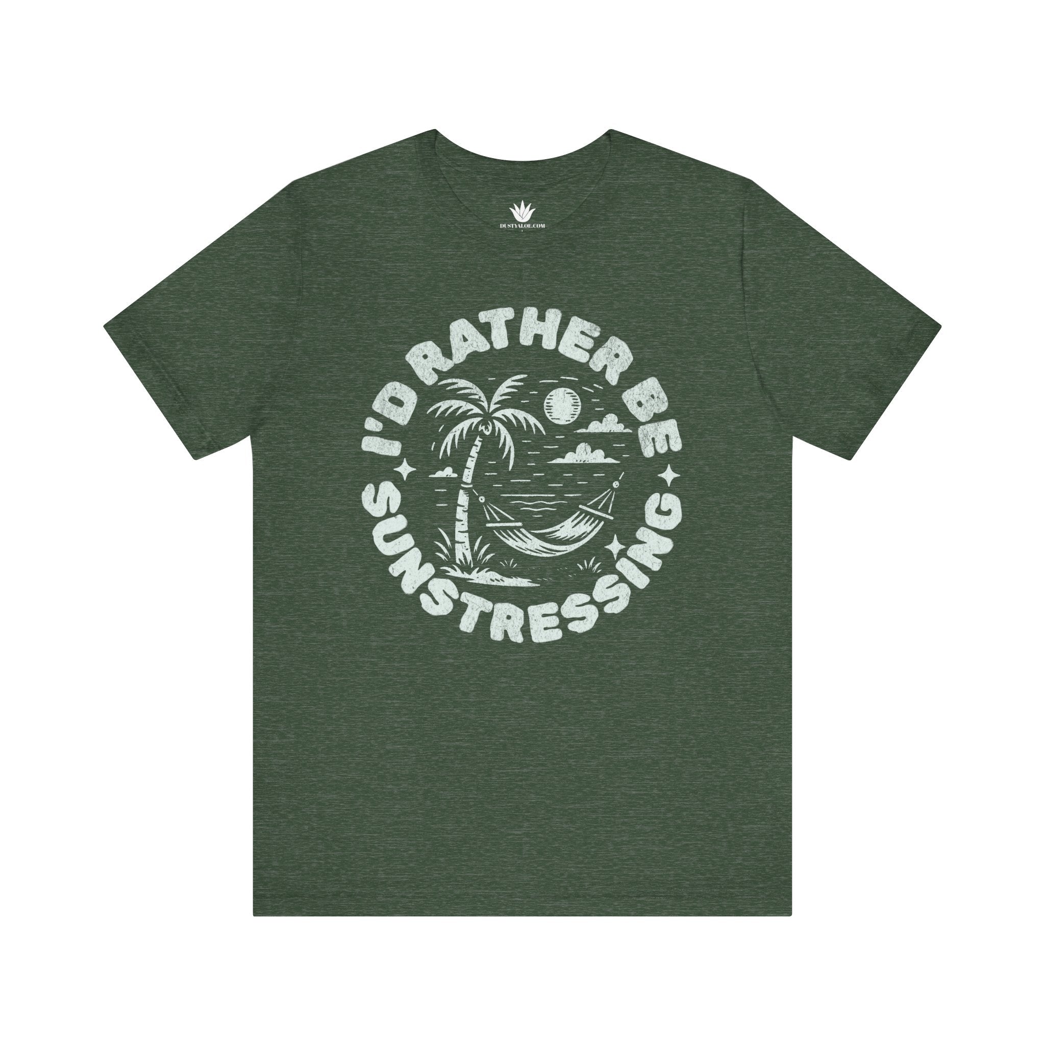 Green t-shirt with 'I'd Rather Be Sunstressing' graphic on a white background