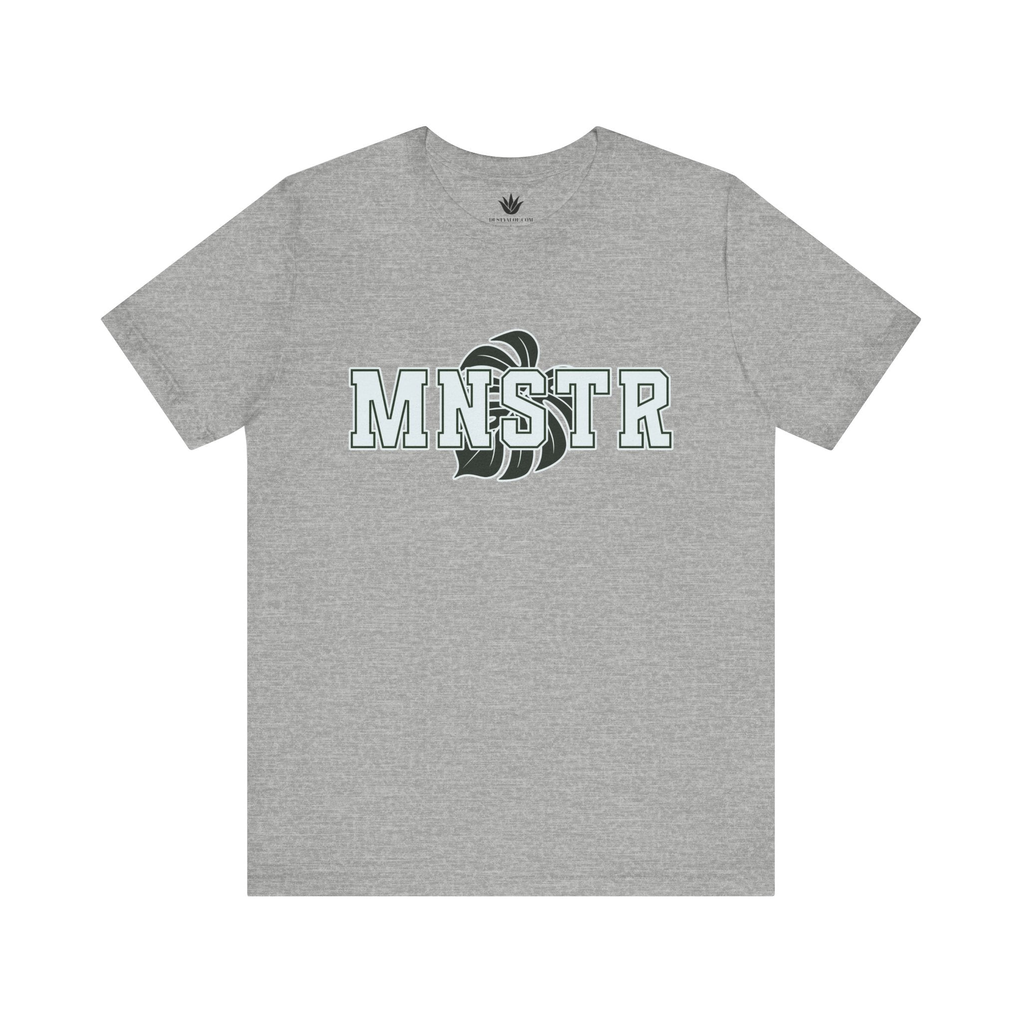 Gray t-shirt with 'MNSTR' logo on a white background