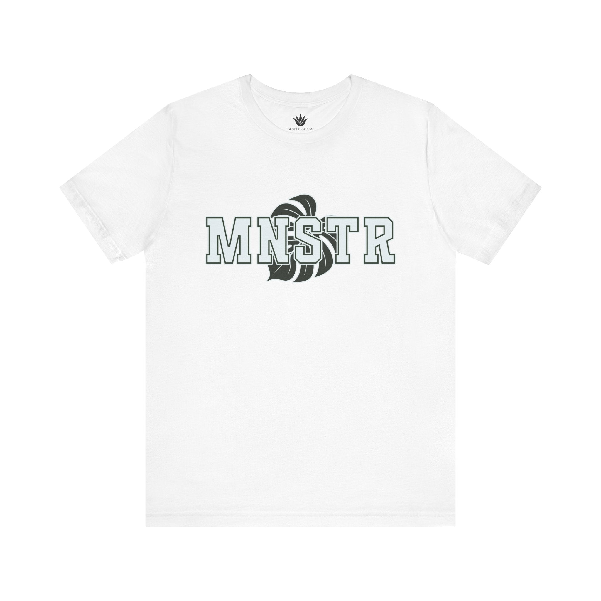 White t-shirt with 'MINSTR' logo on a white background