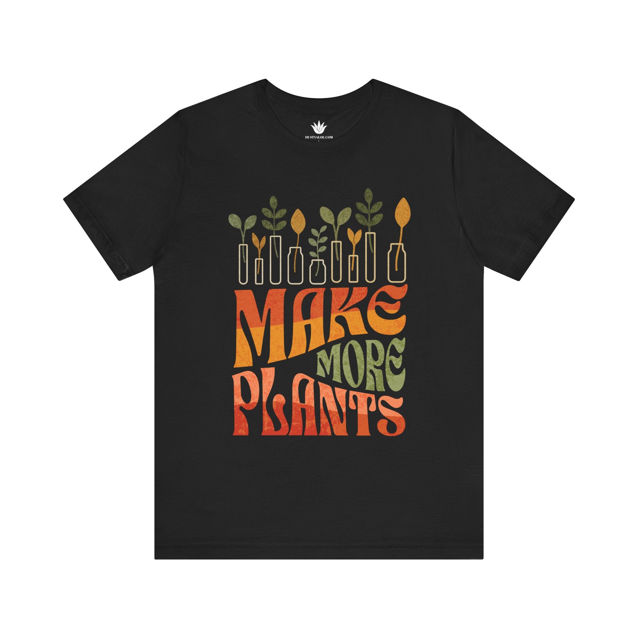 Black t-shirt with colorful 'MAKE MORE PLANTS' design on a white background