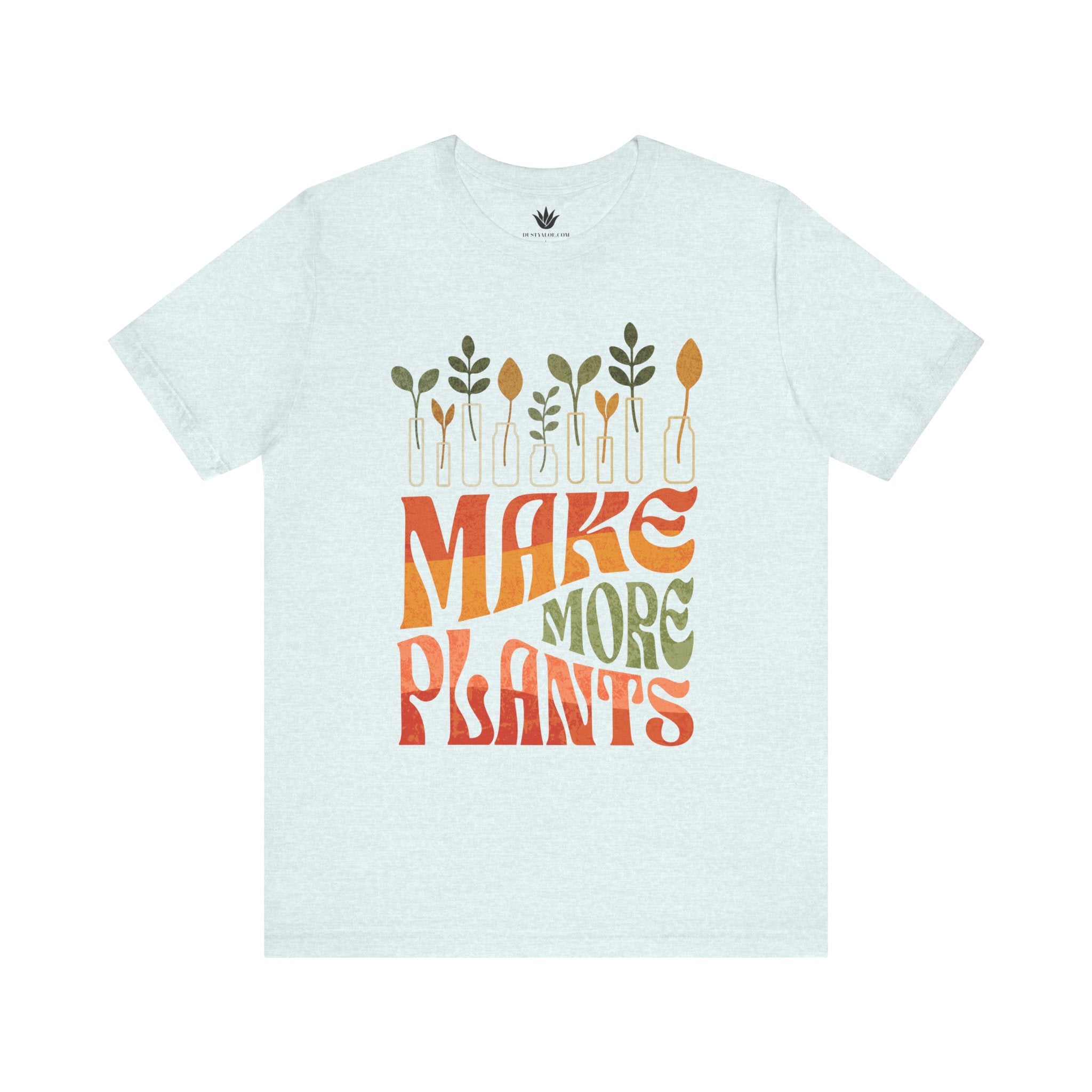 Light blue t-shirt with 'MAKE MORE PLANTS' text and plant illustrations on a white background