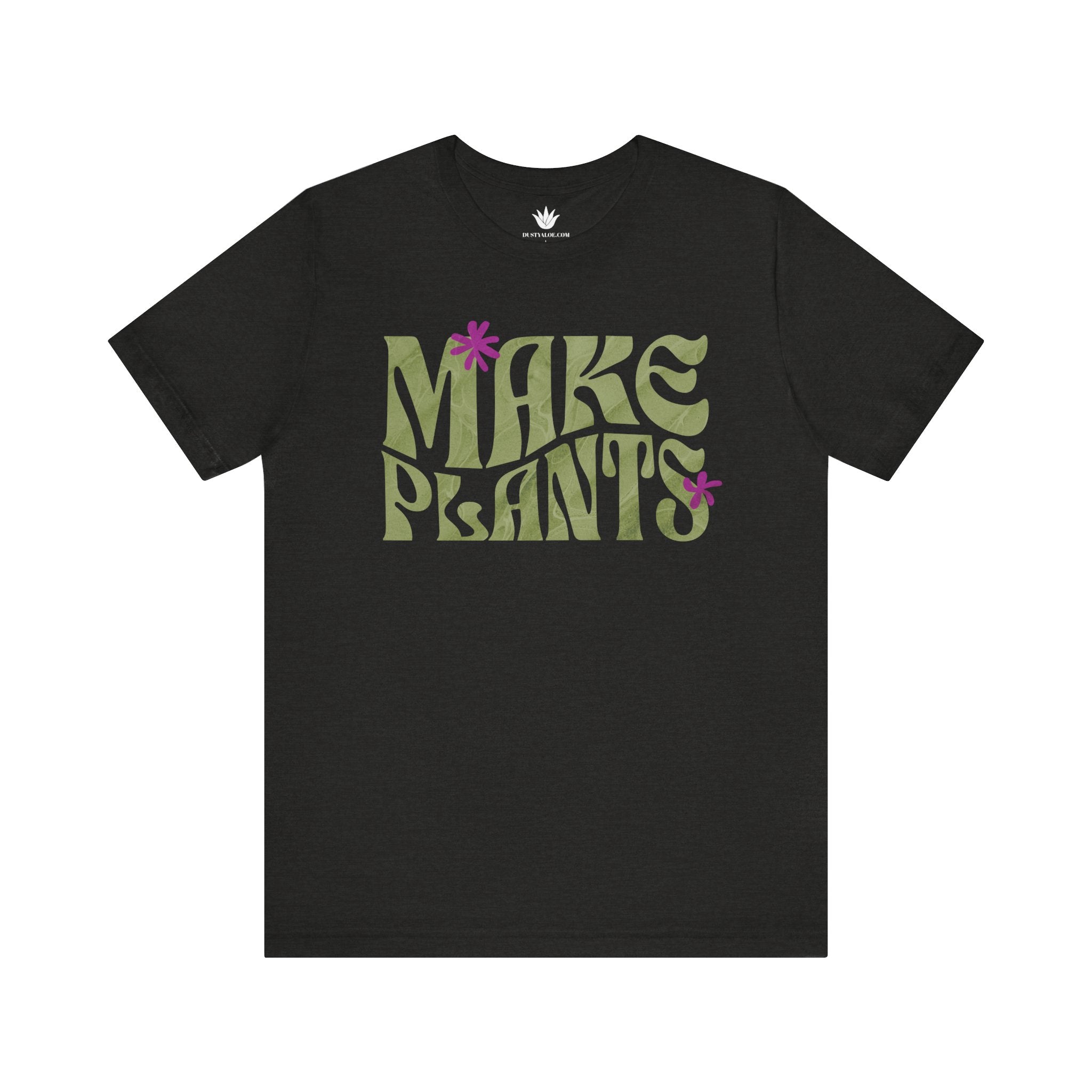 Dark Grey t-shirt with 'MAKE PLANTS' text and flower graphics on a white background