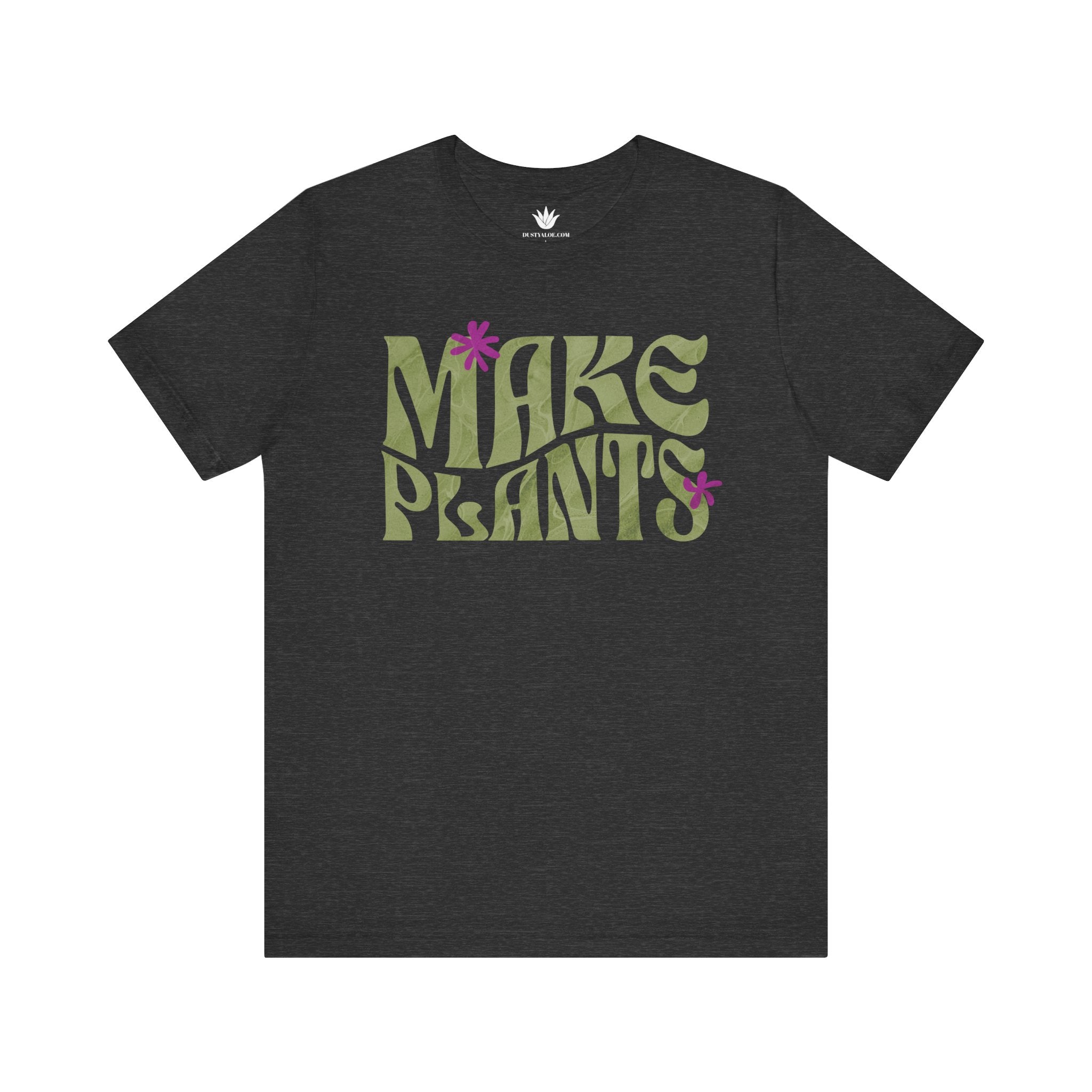 Dark Gray t-shirt with 'MAKE PLANTS' text and flower graphics on a white background