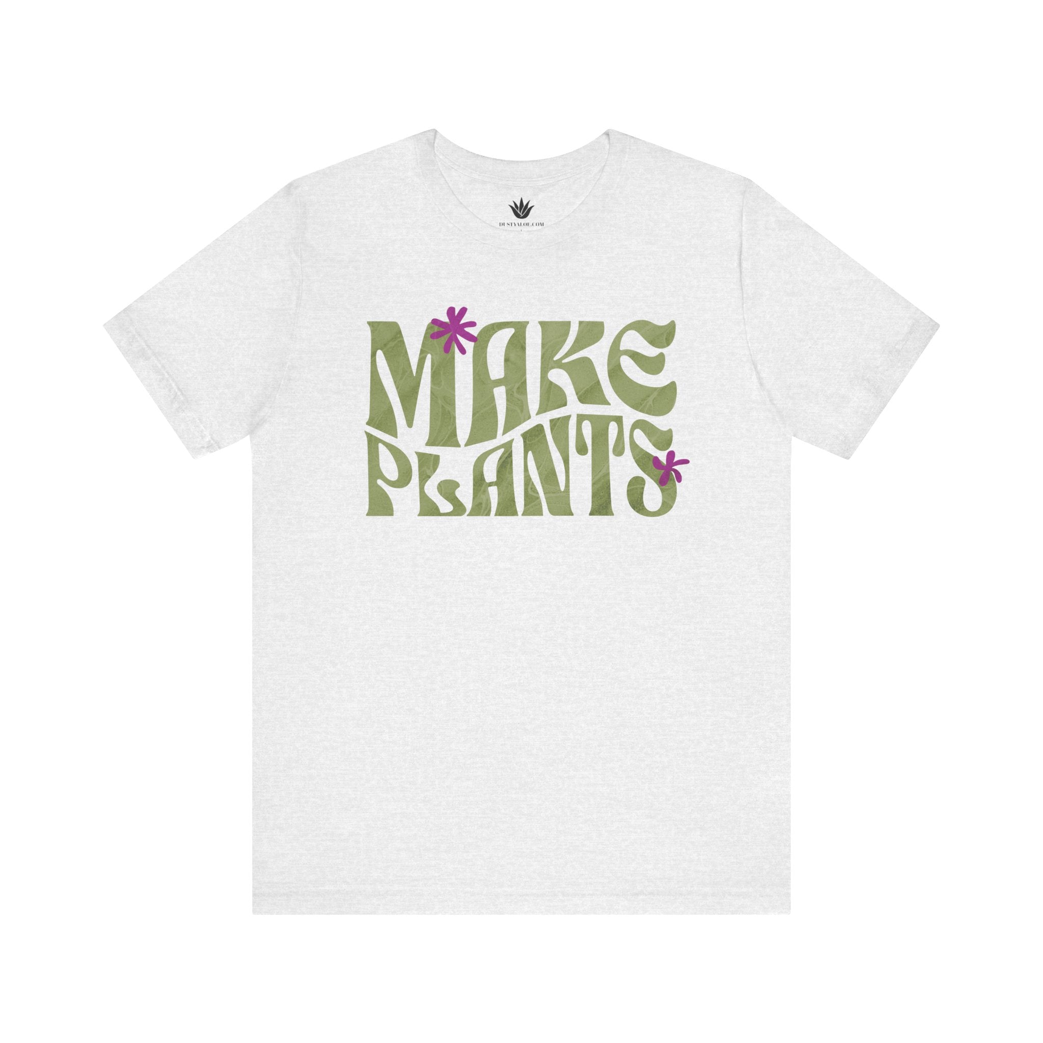 Light grey t-shirt with 'MAKE PLANTS' text on a white background