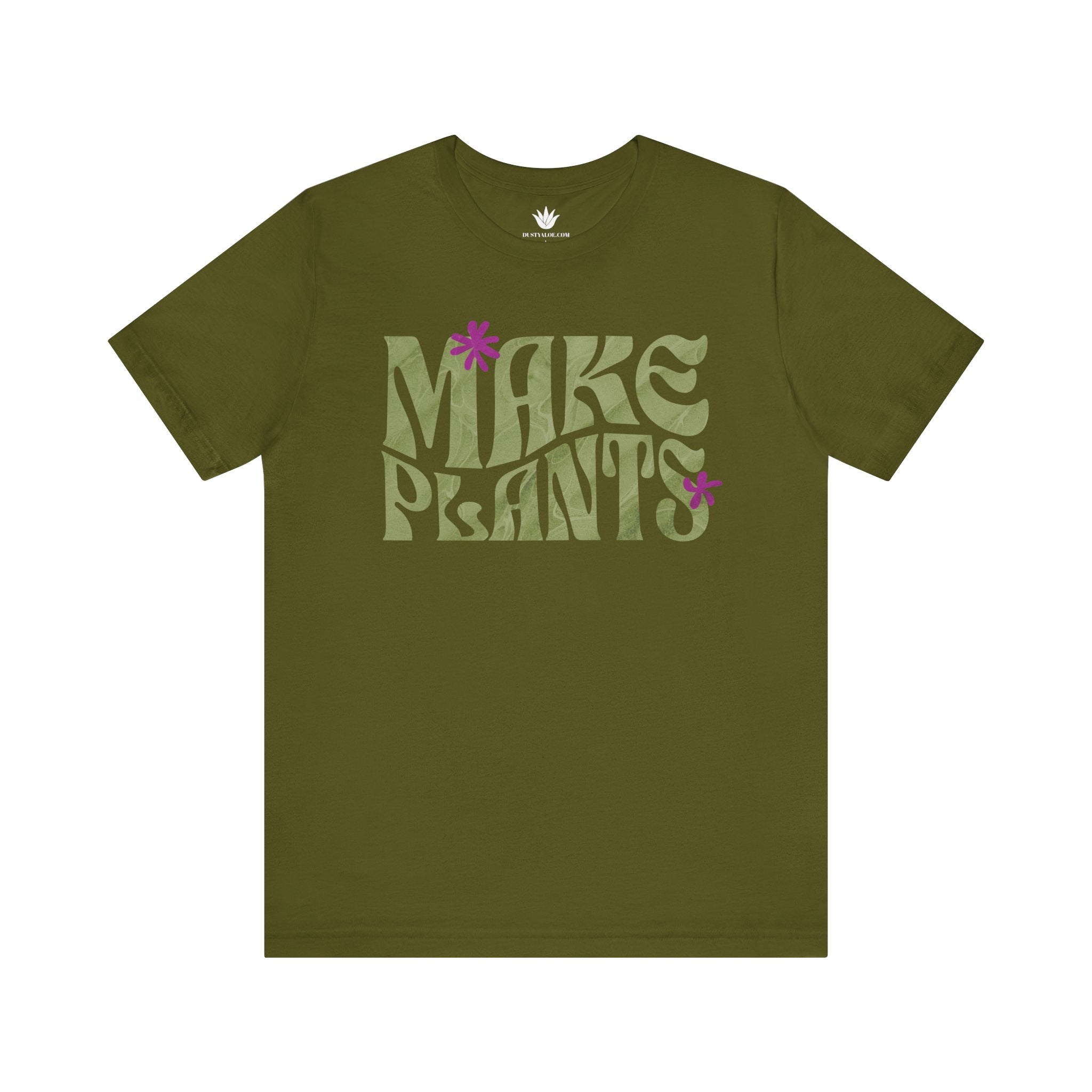 Olive t-shirt with 'MAKE PLANTS' text on a white background