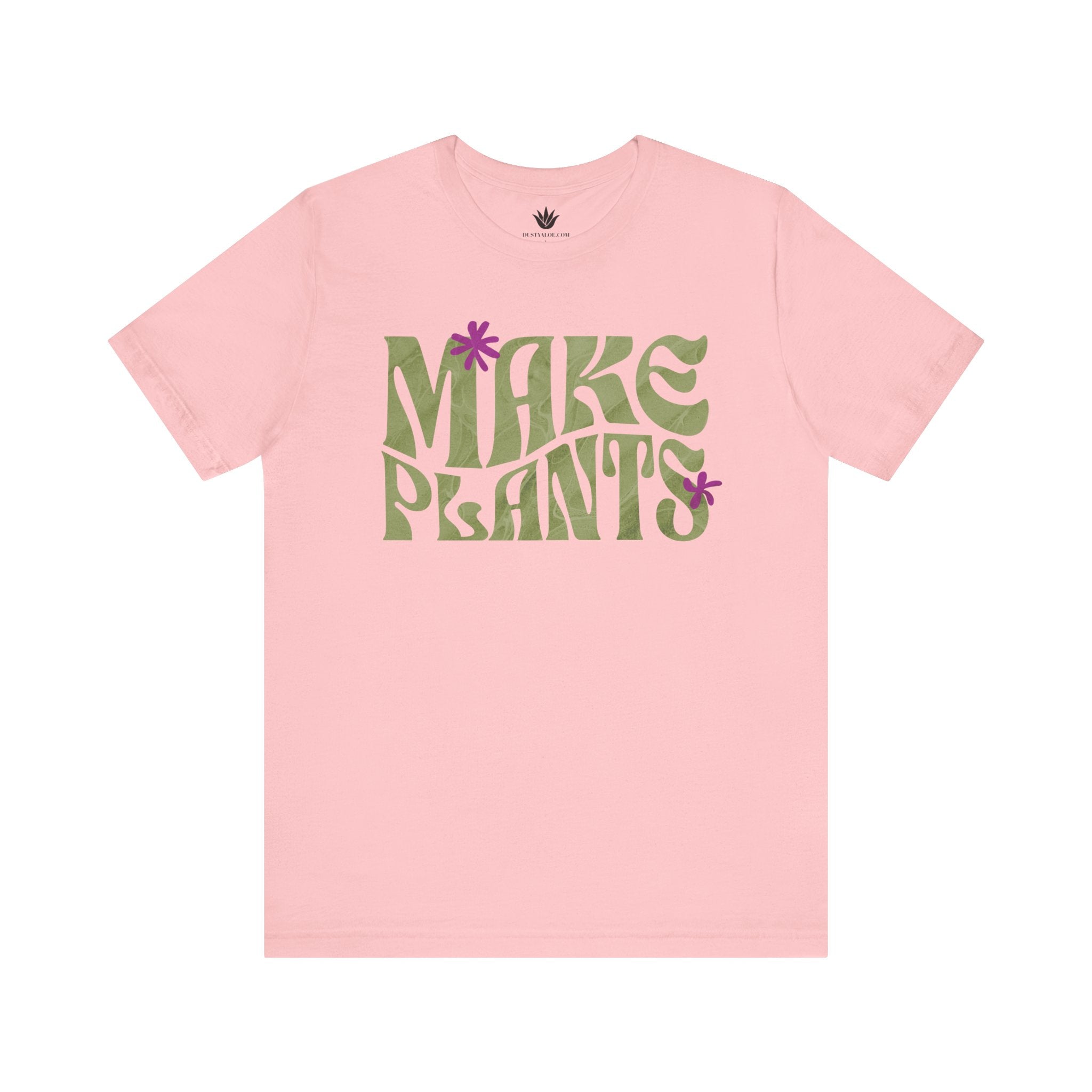 Pink t-shirt with 'MAKE PLANTS' text on a white background