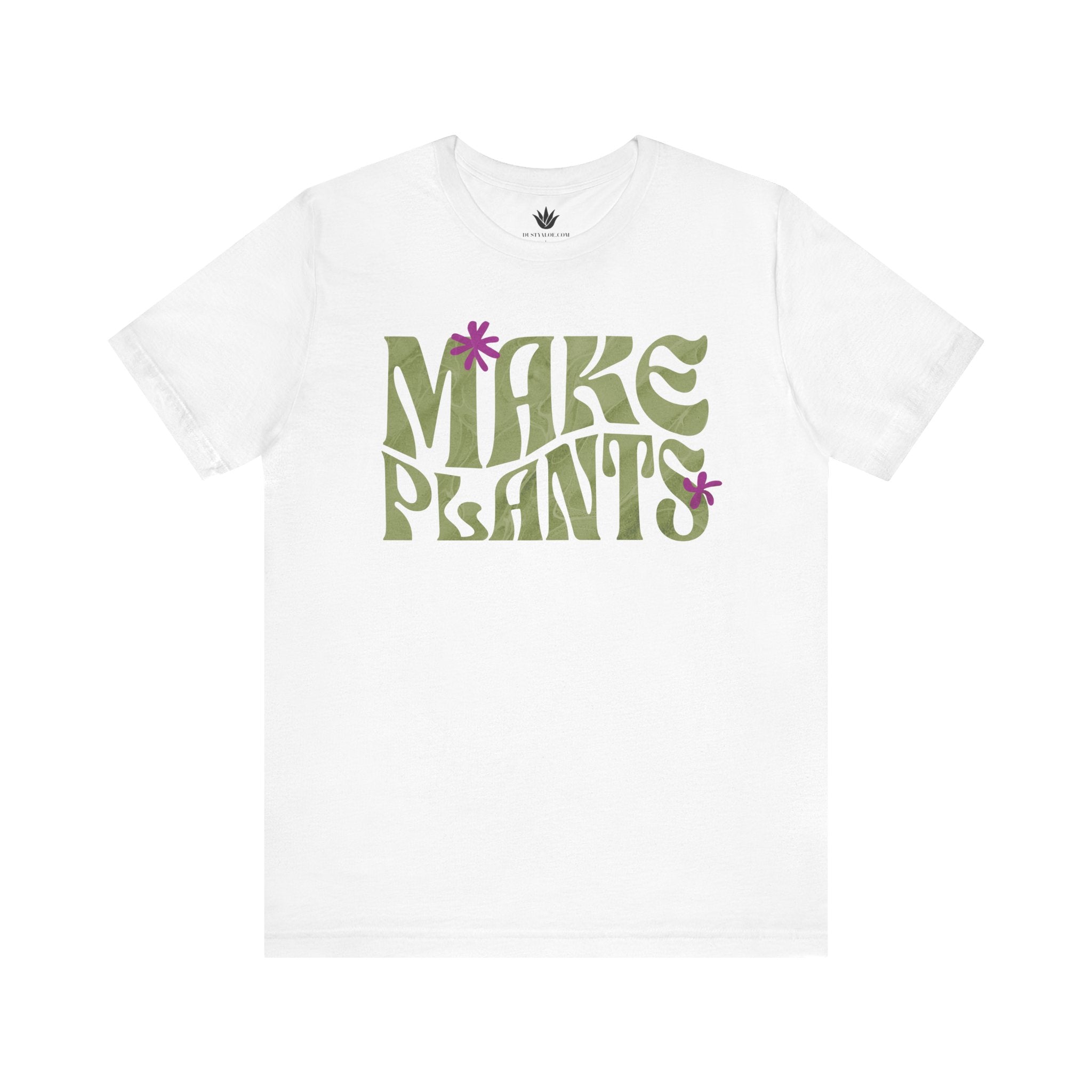 White t-shirt with 'MAKE PLANTS' text on a white background