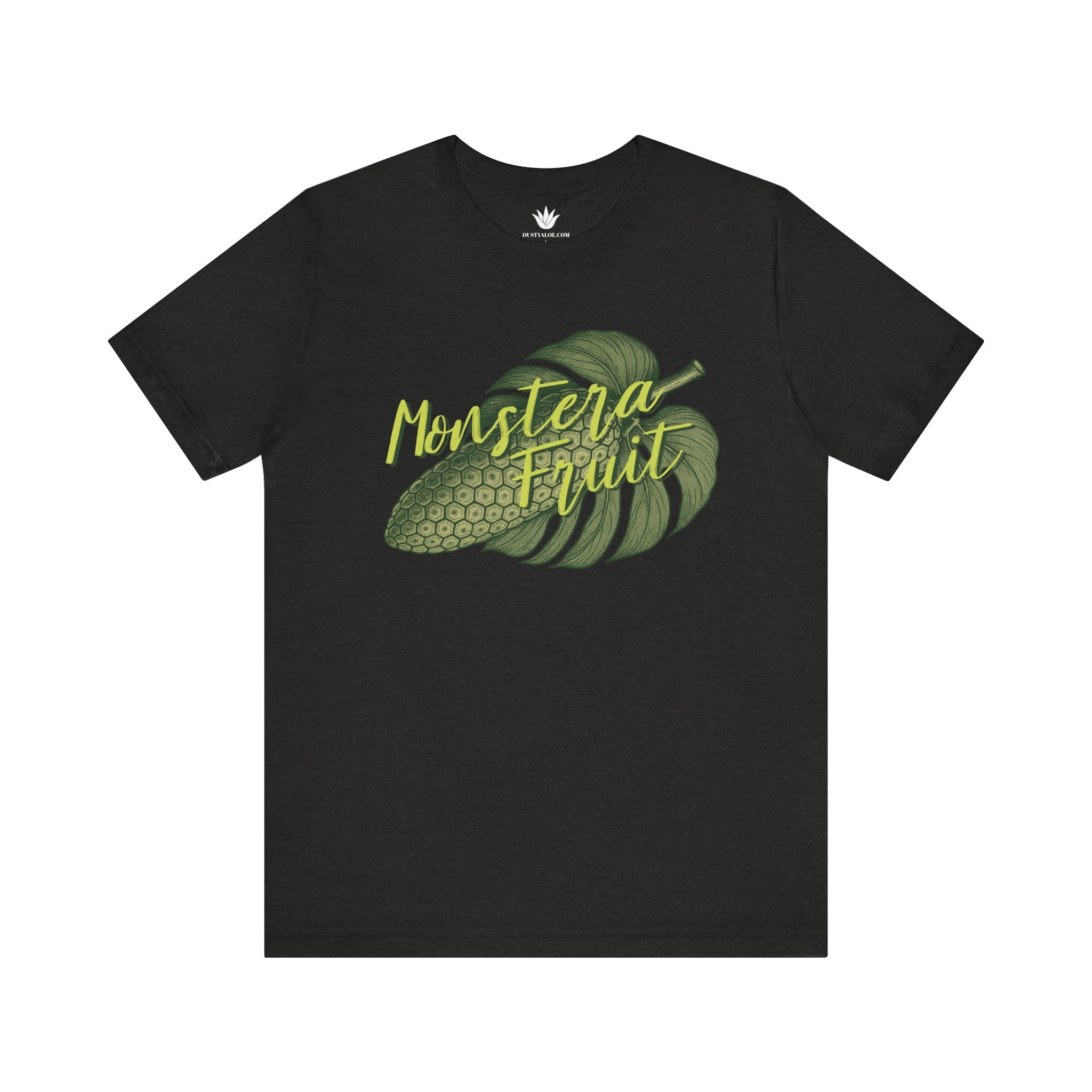 Black t-shirt with green monstera leaf graphic and text on a white background