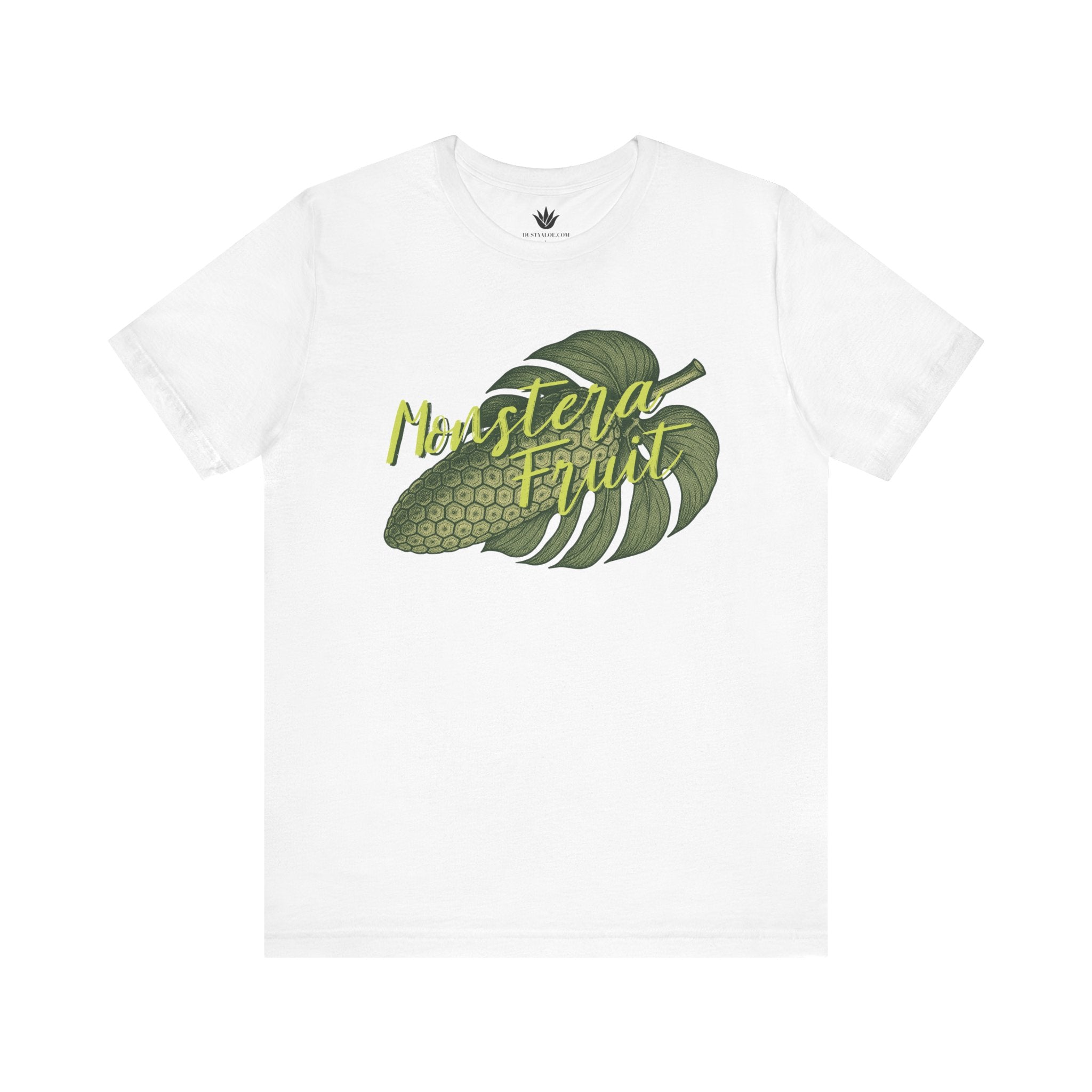 White t-shirt with green leaf graphic and 'Monstera Fruit' text on a white background