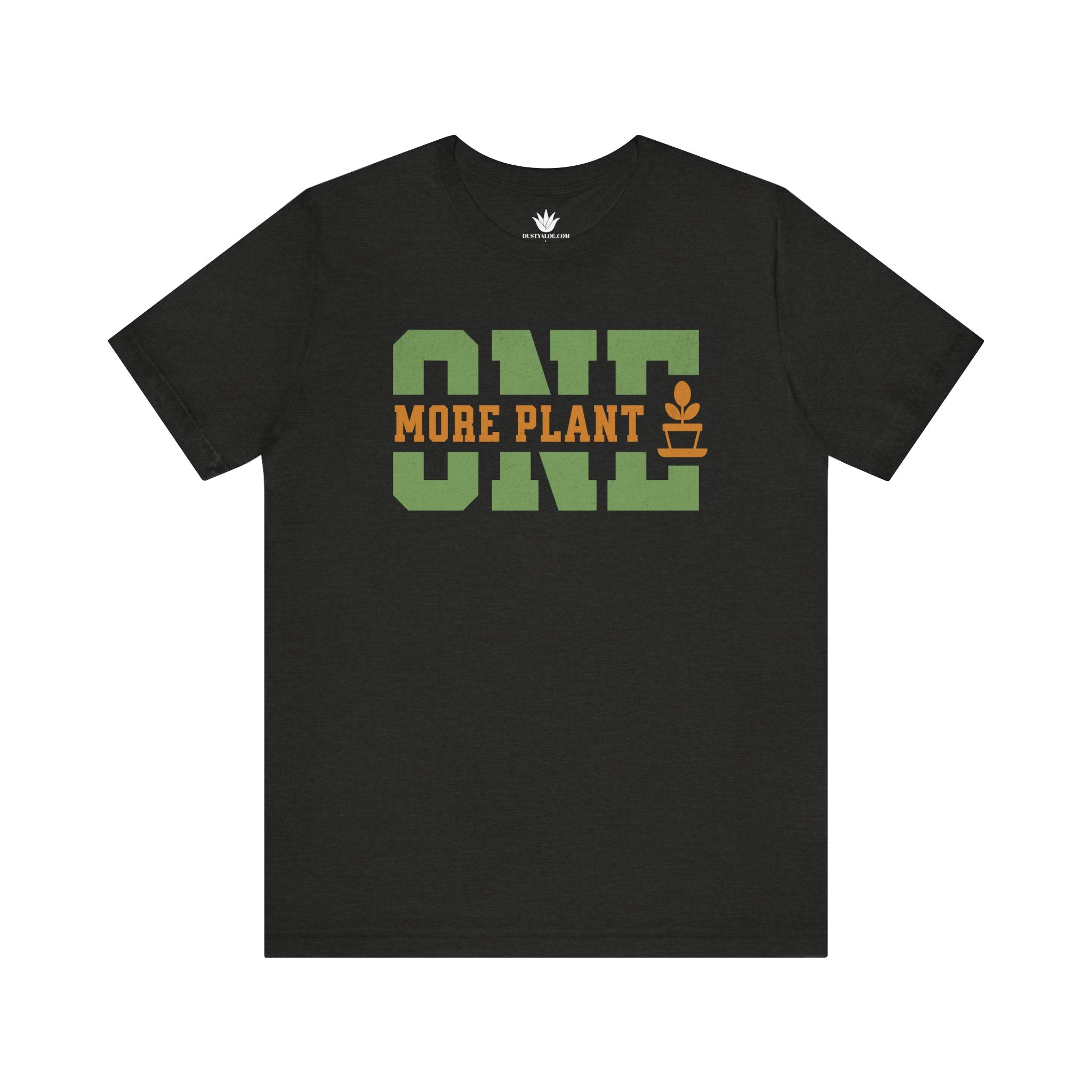 Black t-shirt with 'ONE MORE PLANT' text on a white background