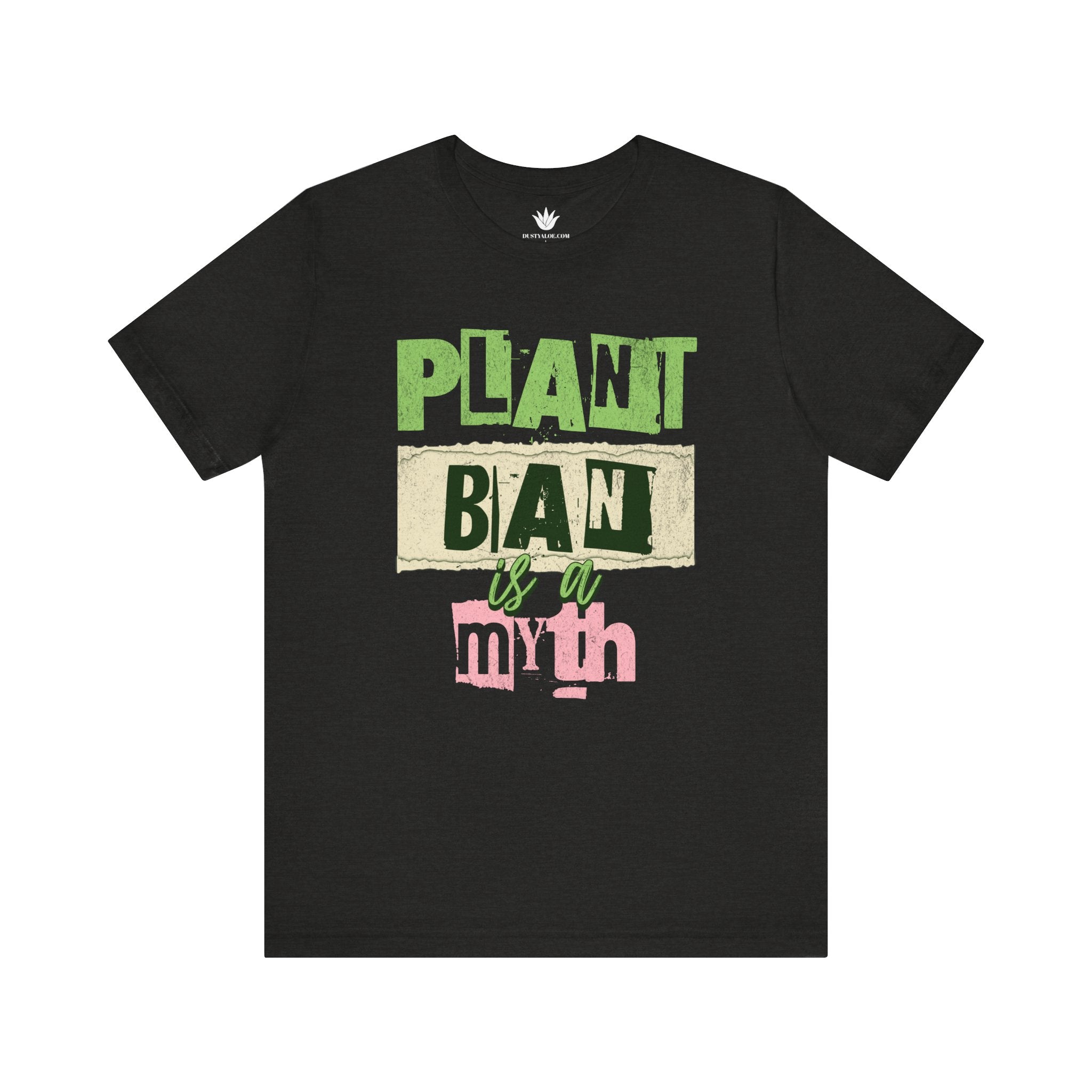 Black t-shirt with green, beige, and pink text on a white background