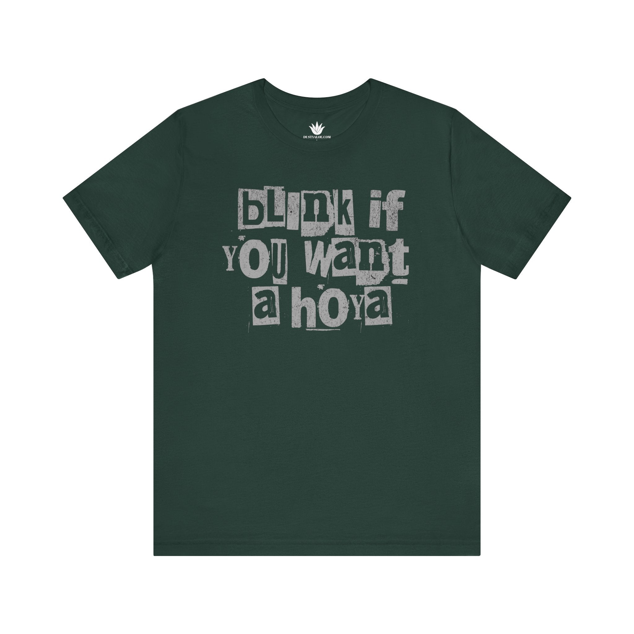 Green t-shirt with white text on a white background