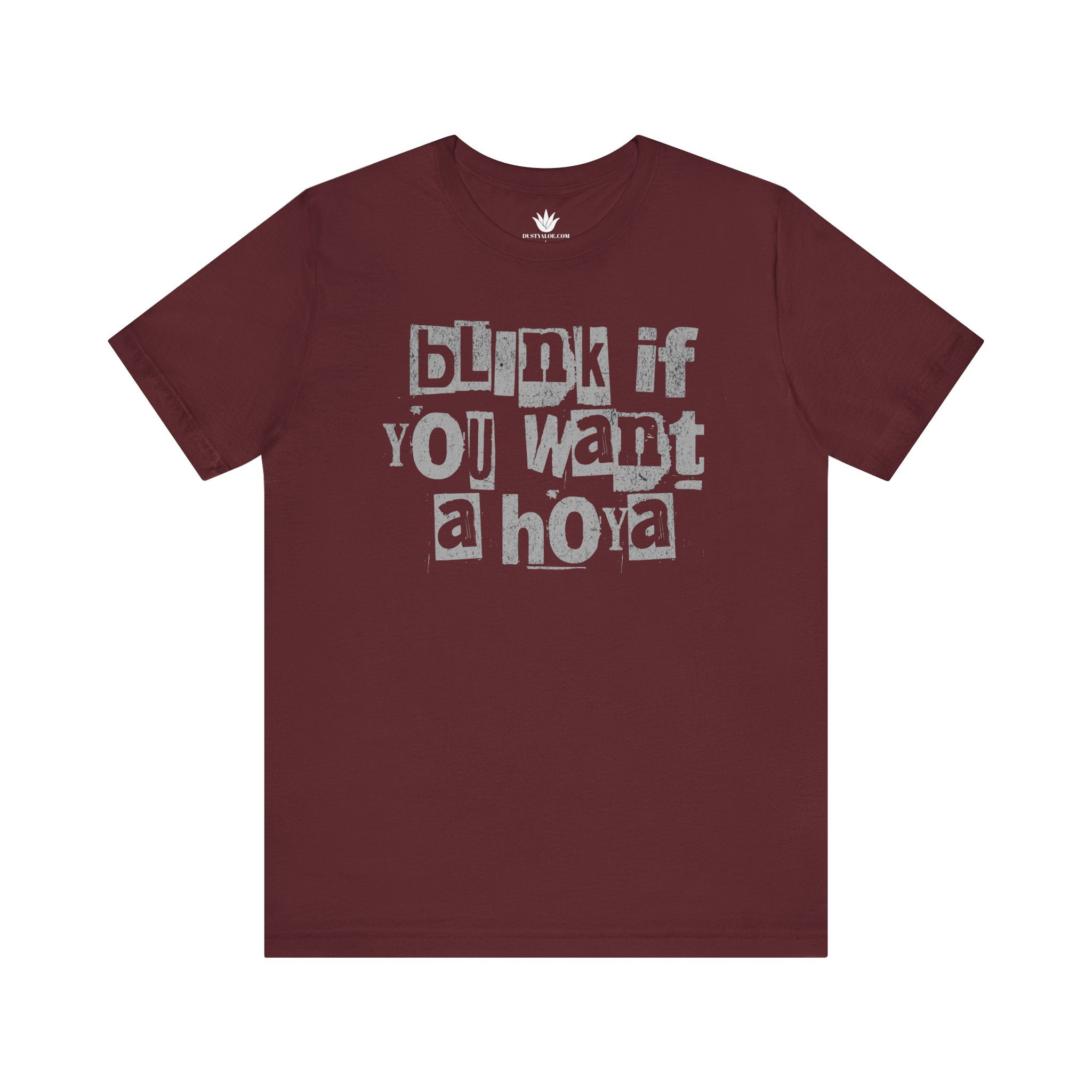 Maroon t-shirt with white text on a white background