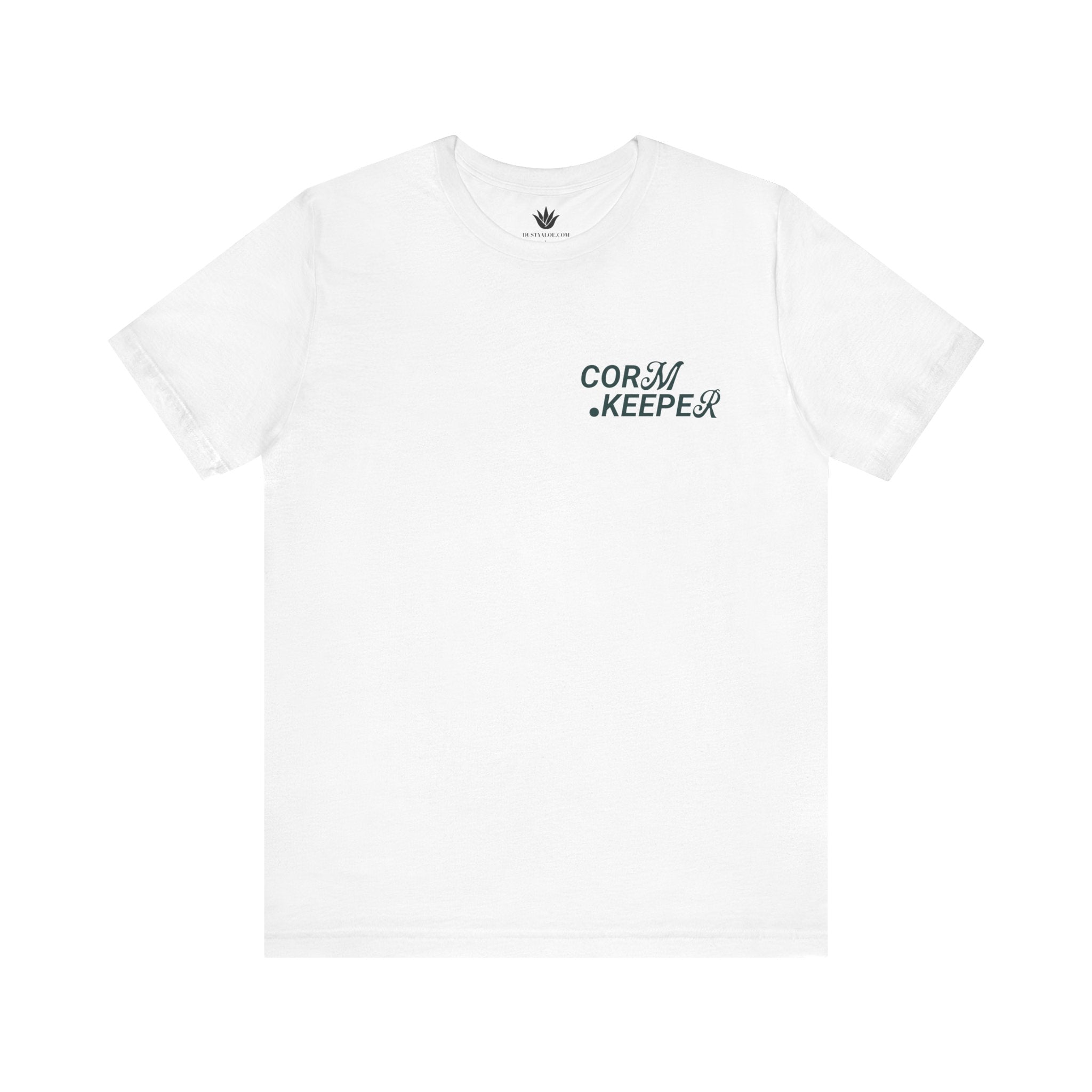 White t-shirt with 'Corn Keeper' text and logo on a white background