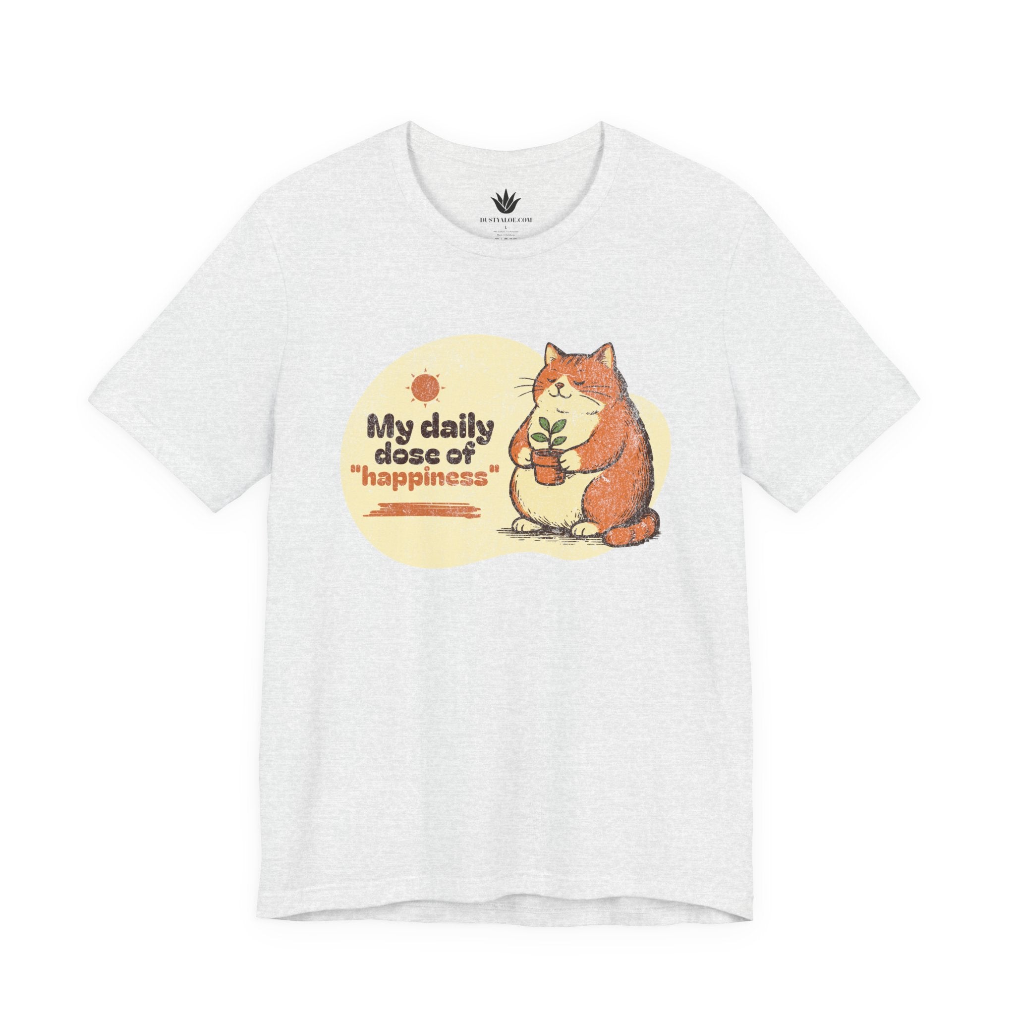 White t-shirt with a cat graphic and text on a white background