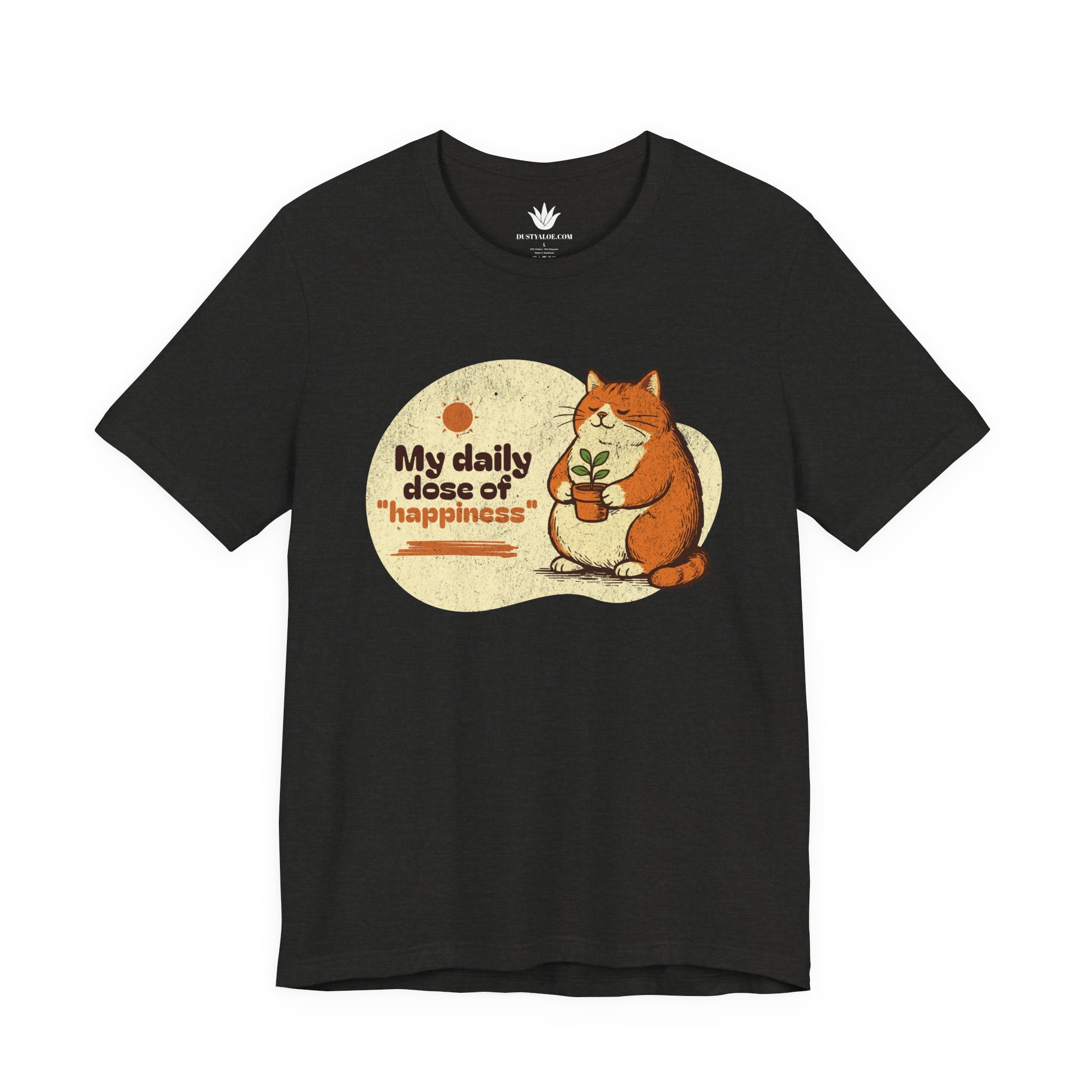 Black t-shirt with a cat graphic and text on a white background