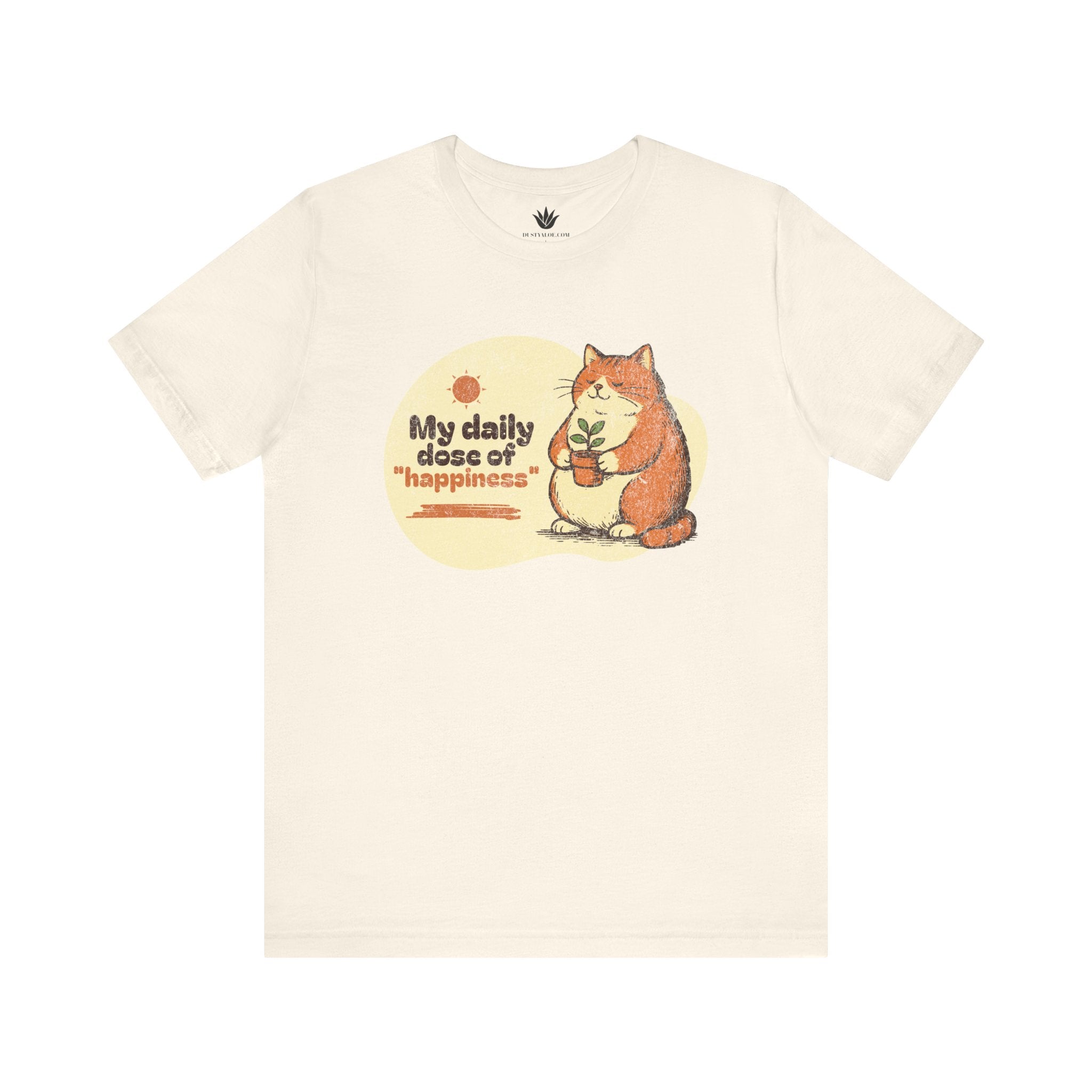 Beige t-shirt with a cat graphic and text on a white background
