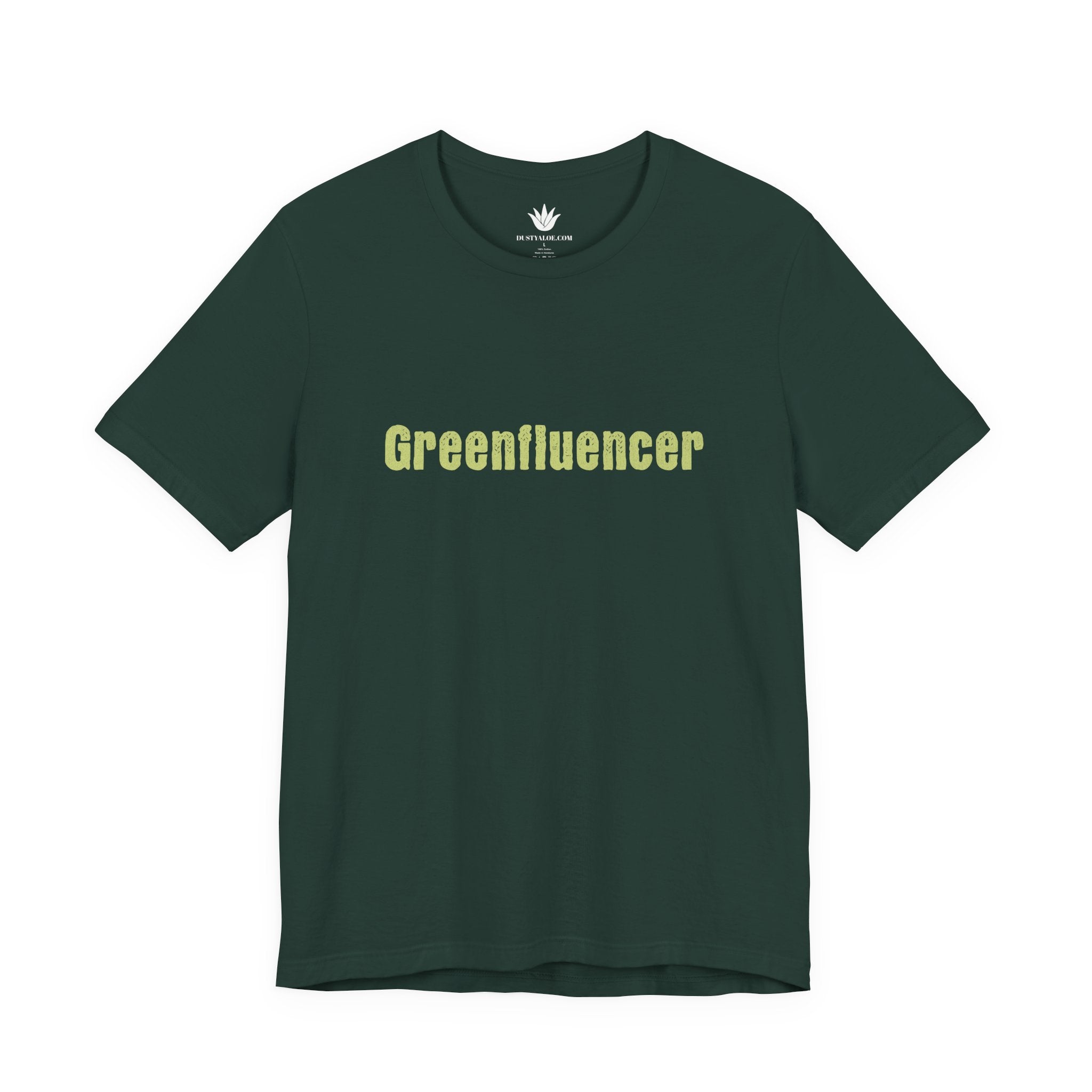 Green t-shirt with 'Greenfluencer' text on a white background