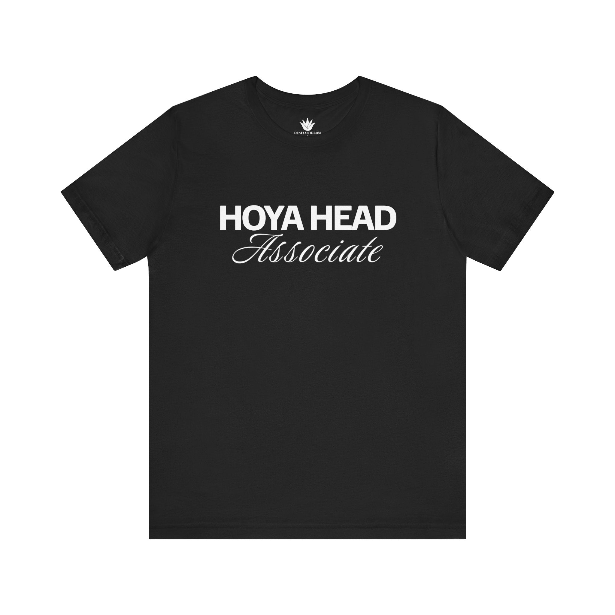 Black graphic t-shirt with “Hoya Head Associate” text design, funny plant lover roommate shirt.