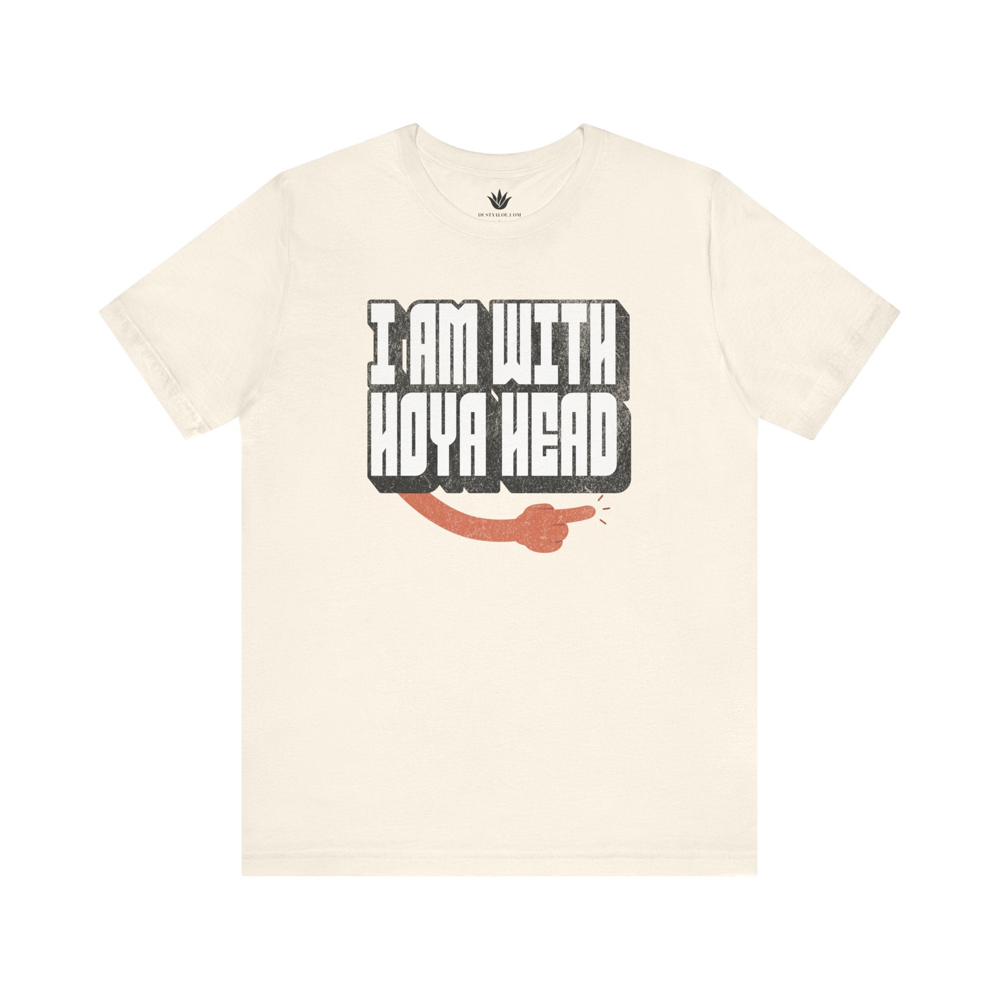 Beige t-shirt with text 'I AM WITH HOYA HEAD' on a white background