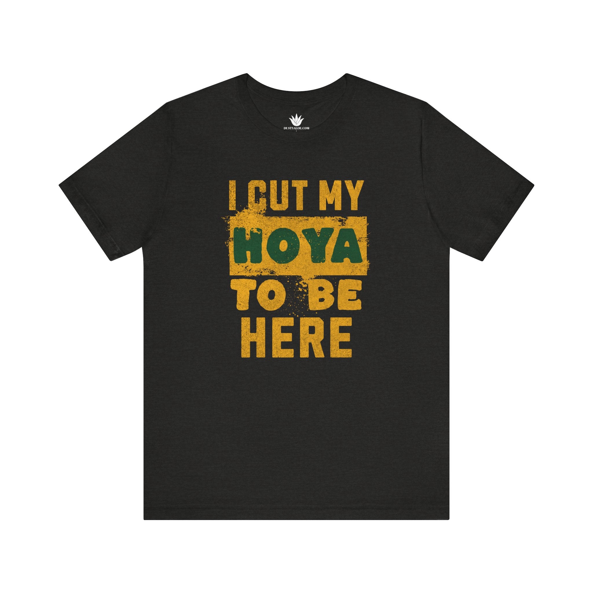 Black t-shirt with yellow and green text on a white background