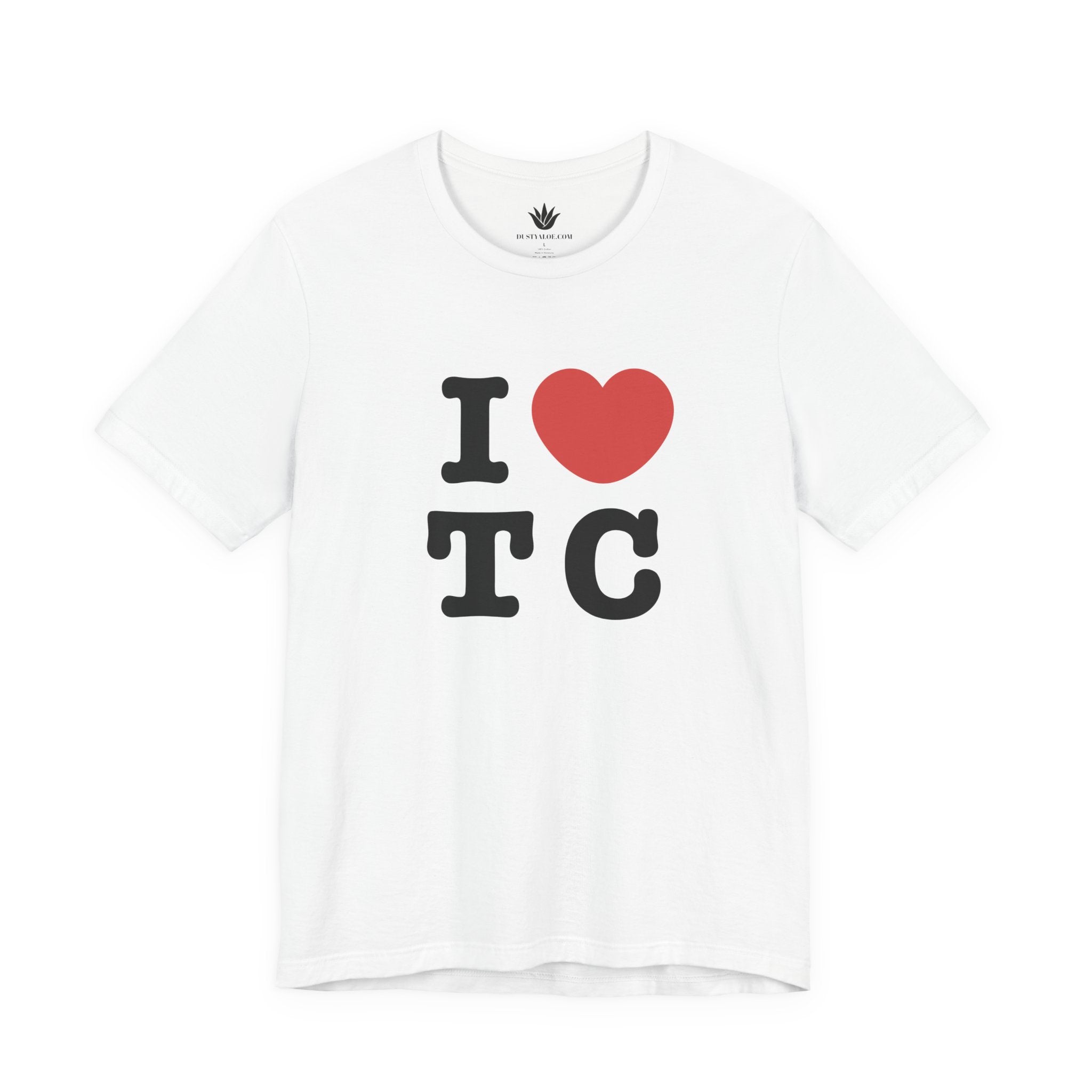 White t-shirt with 'I ❤️ TC' design on a white background