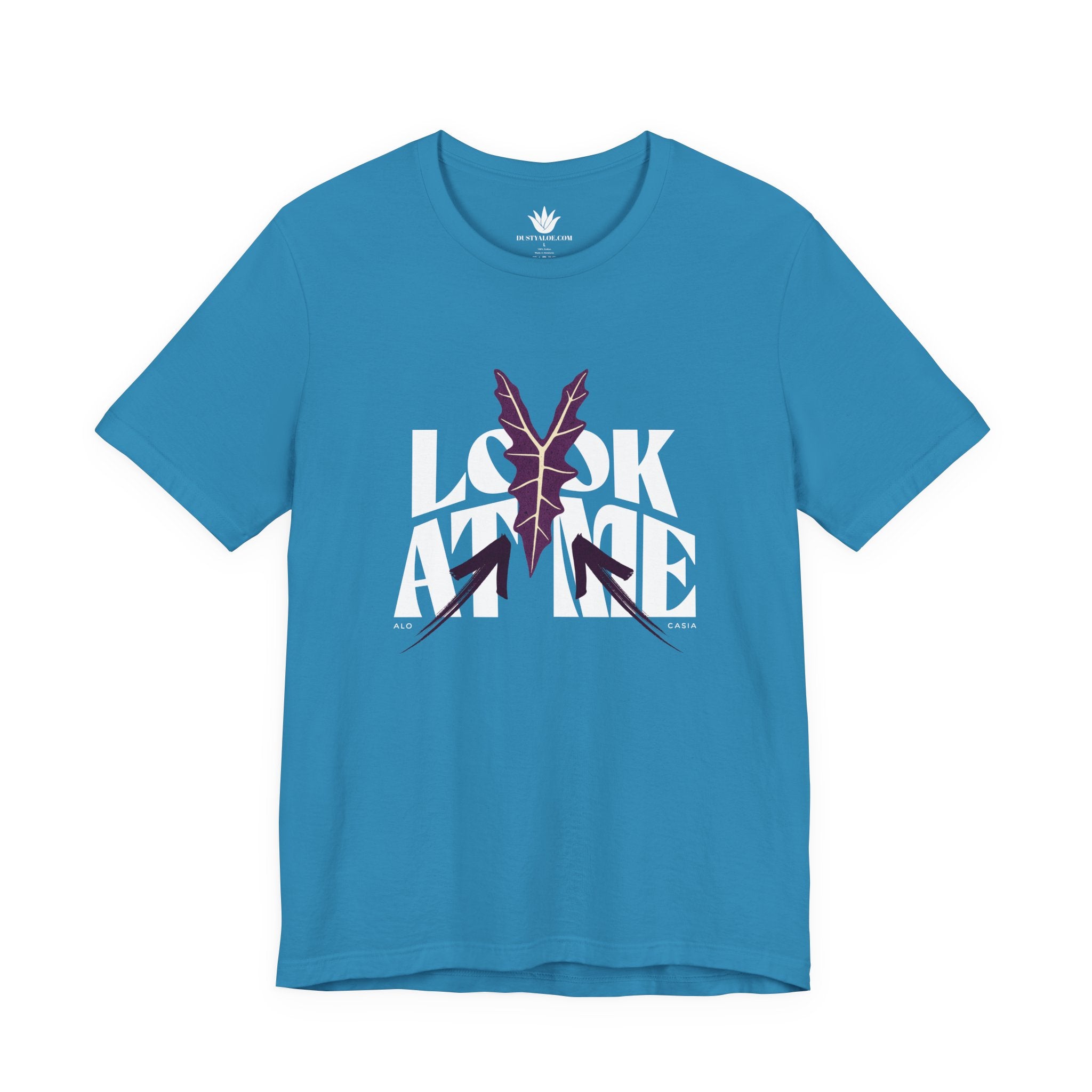 Blue t-shirt with 'Look At Me' graphic design on a white background