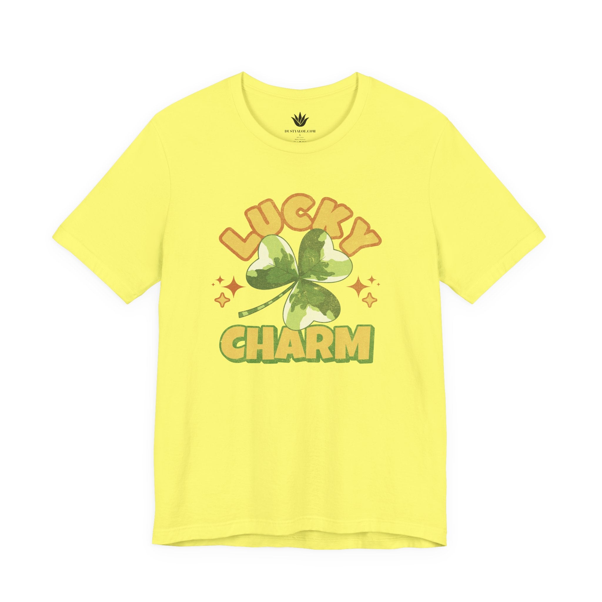 Yellow t-shirt with 'Lucky Charm' graphic on a white background