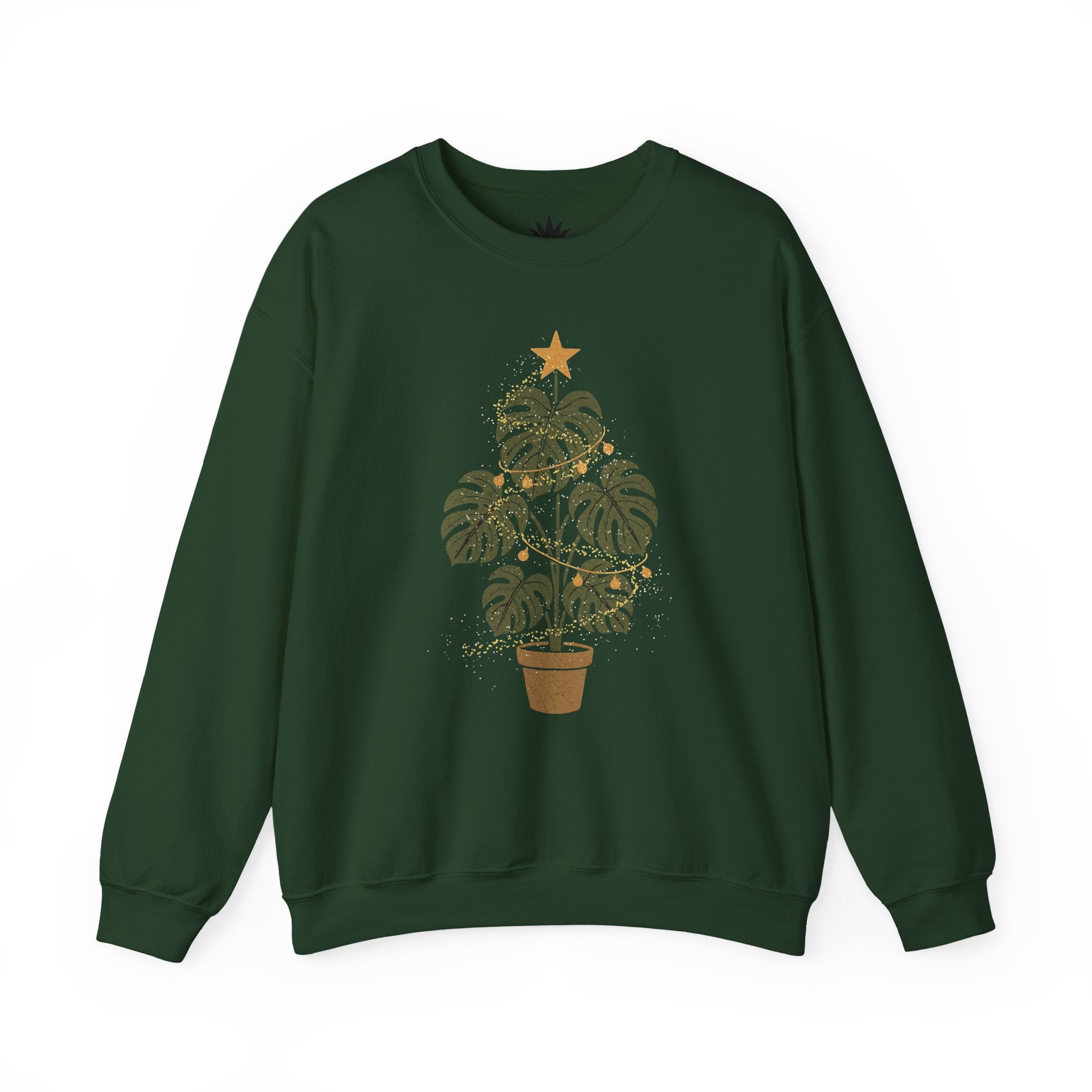 Green sweatshirt with a Christmas tree design on a white background