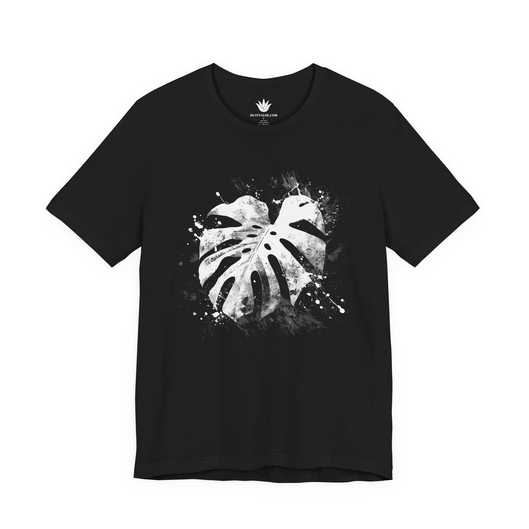 Black t-shirt with white leaf design on a white background