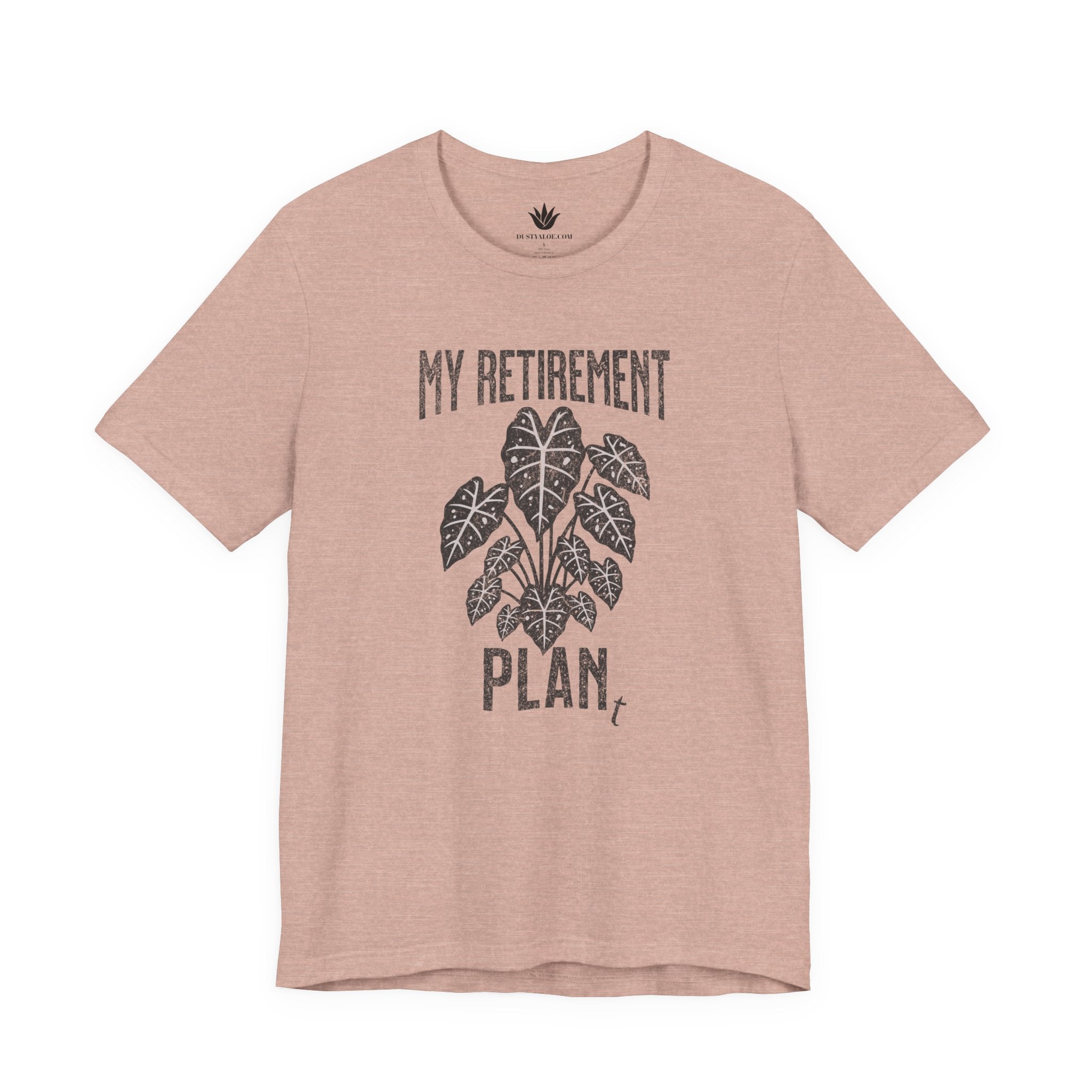 Beige t-shirt with black text and plant graphic on a white background