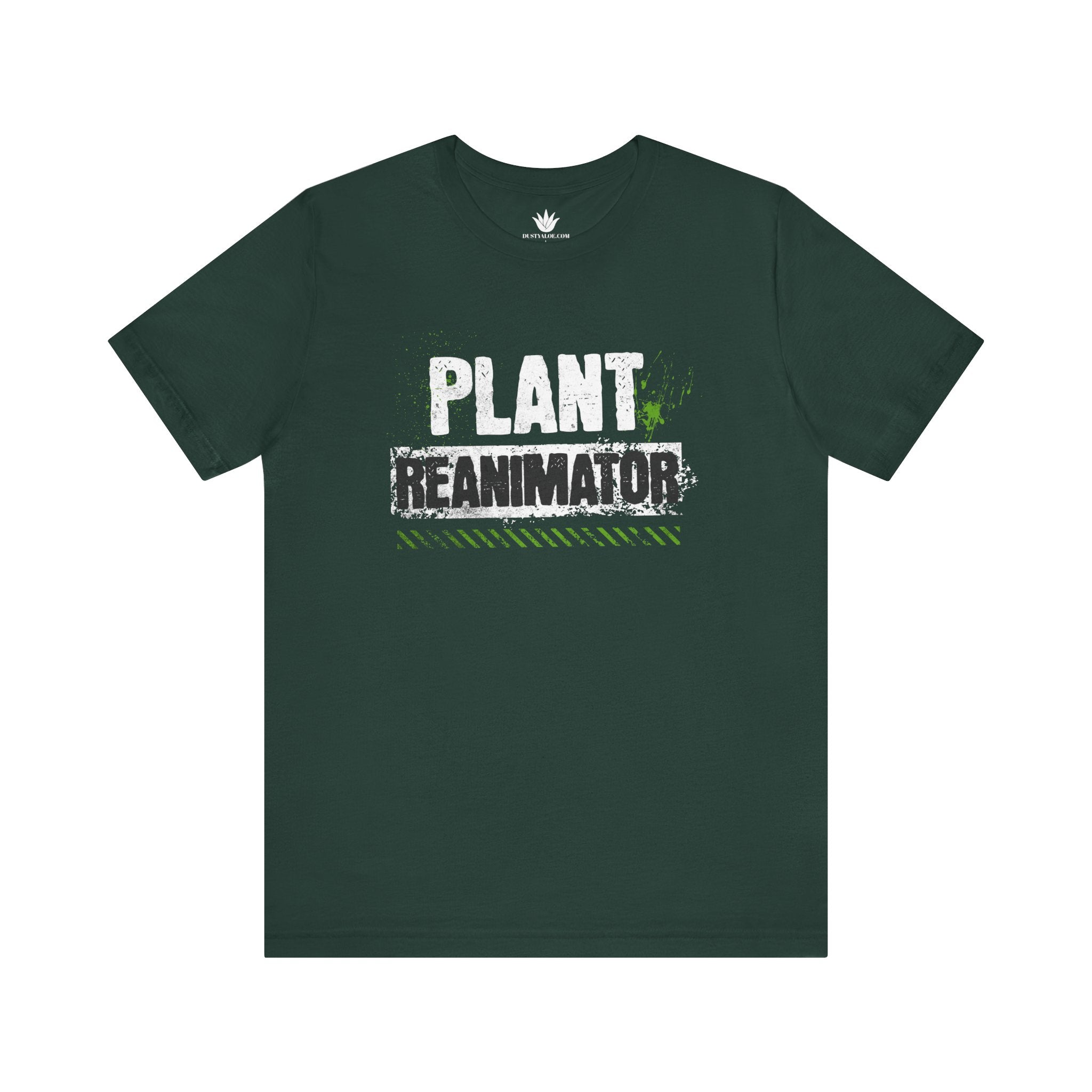 Green t-shirt with 'Plant Reanimator' text on a white background