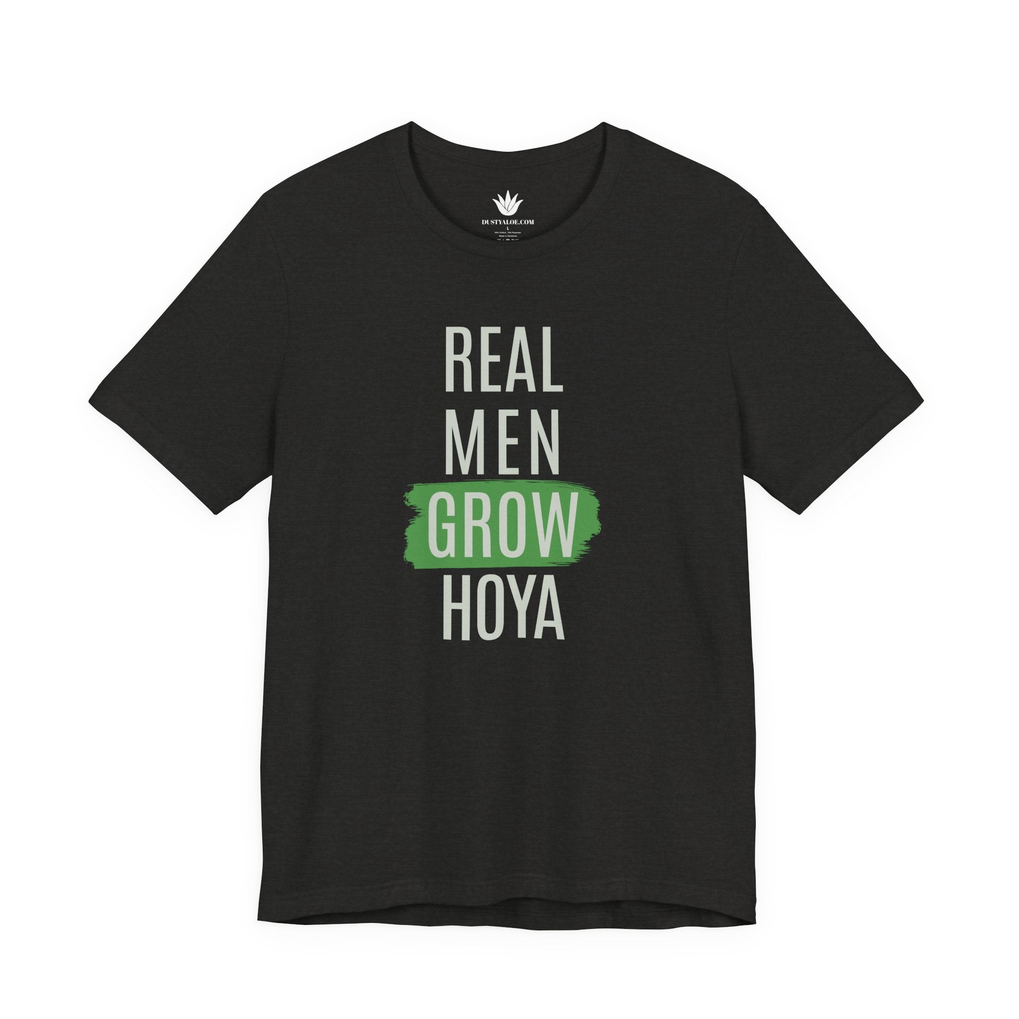 Black t-shirt with 'Real Men Grow Hoya' text on a white background