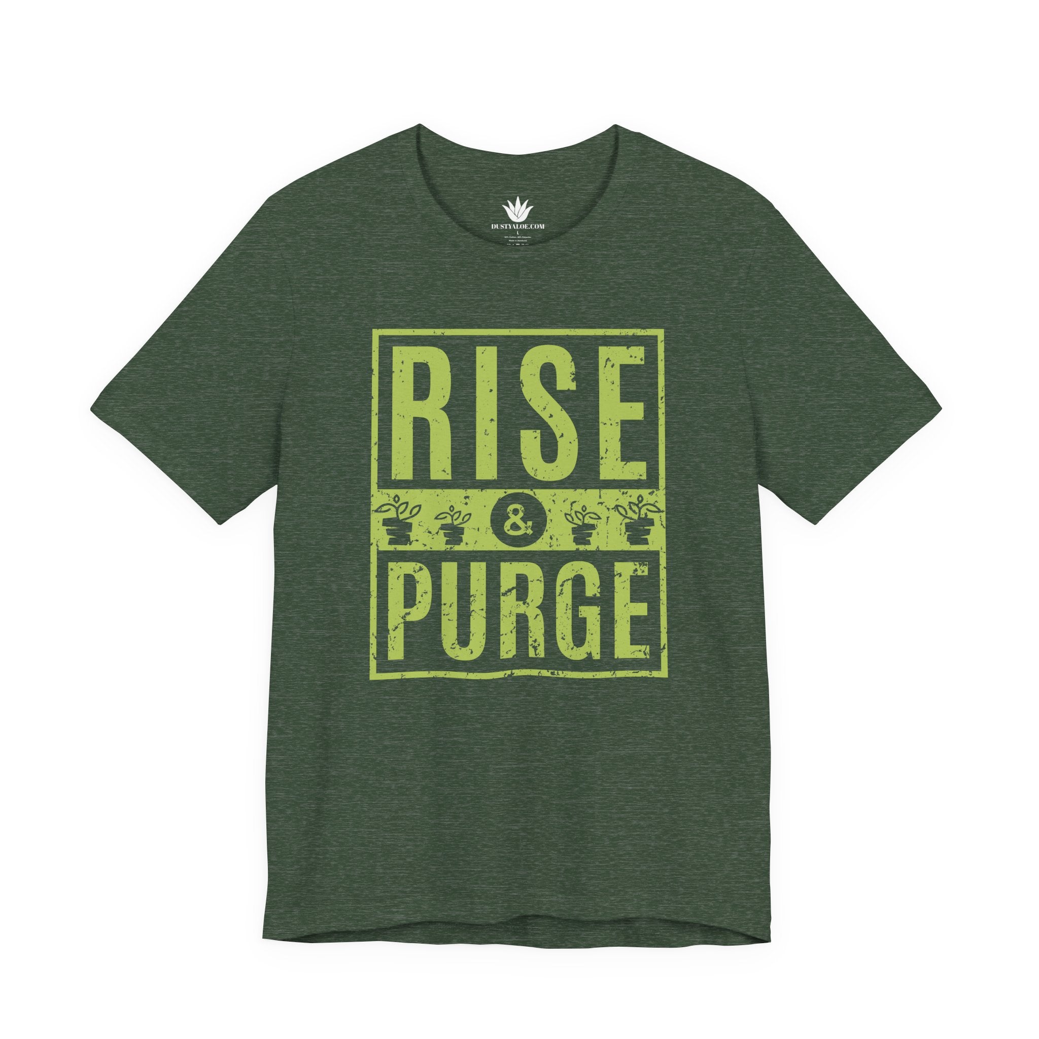 Green t-shirt with 'Rise & Purge' text on a white background