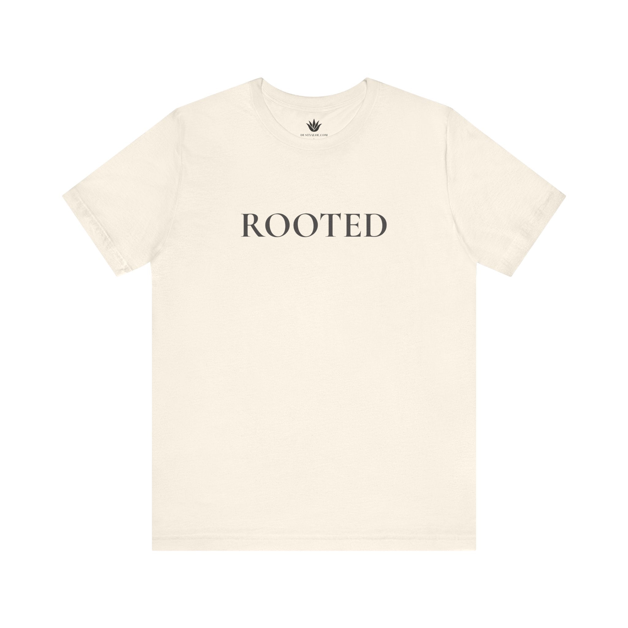 Beige t-shirt with 'ROOTED' text on a white background