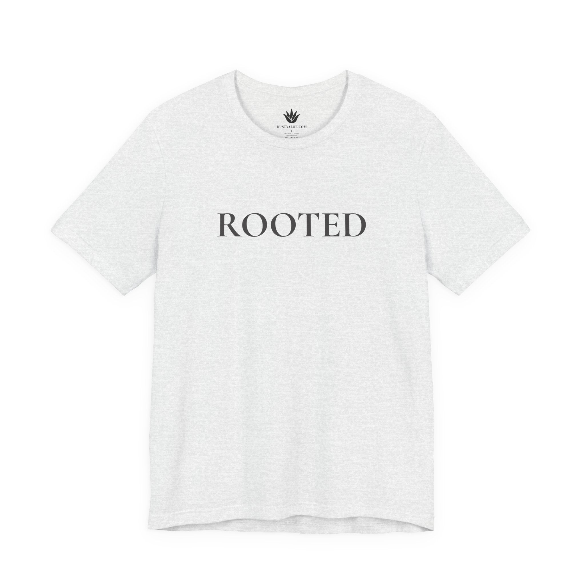White t-shirt with 'ROOTED' text on a white background