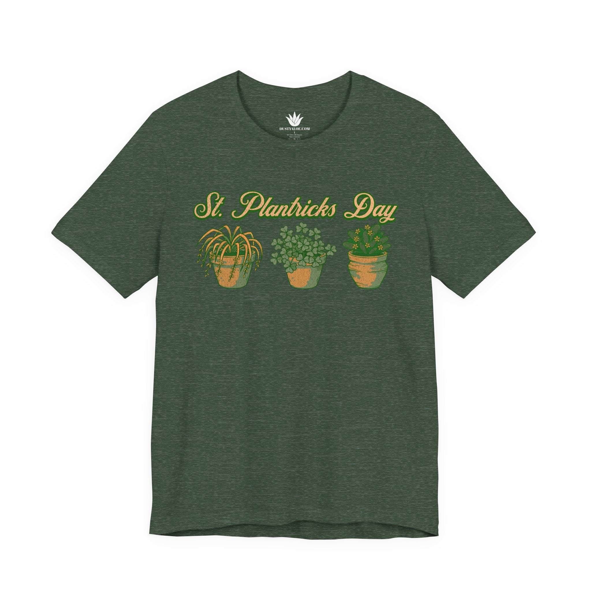 Green t-shirt with 'St. Patrick's Day' and potted plant design on a white background